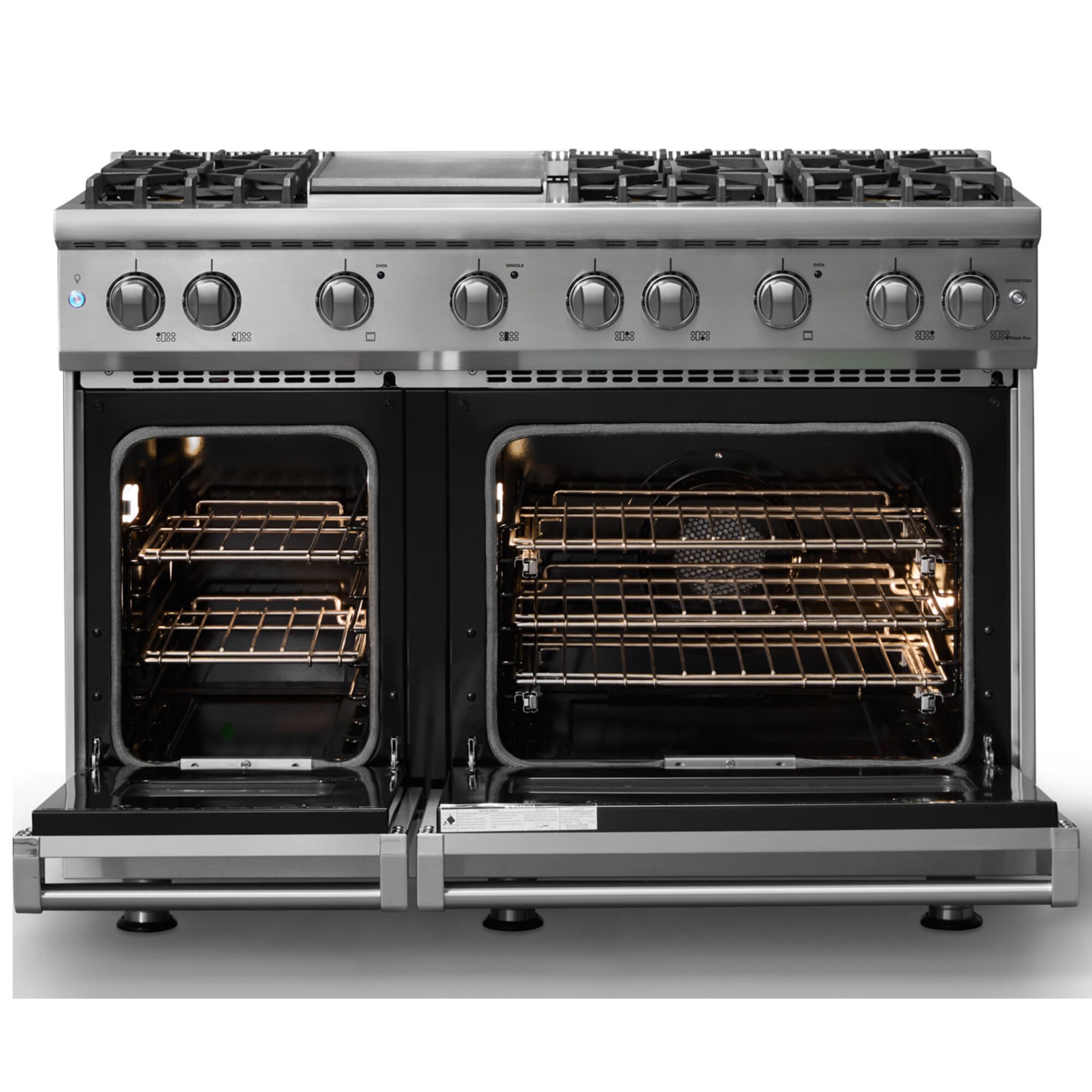 Viking 5 Series 48 in. Standard Convection Double Oven Gas Range VGR54846GSSL in Stainless Steel, front view with oven doors open detailing racks and interior lighting.