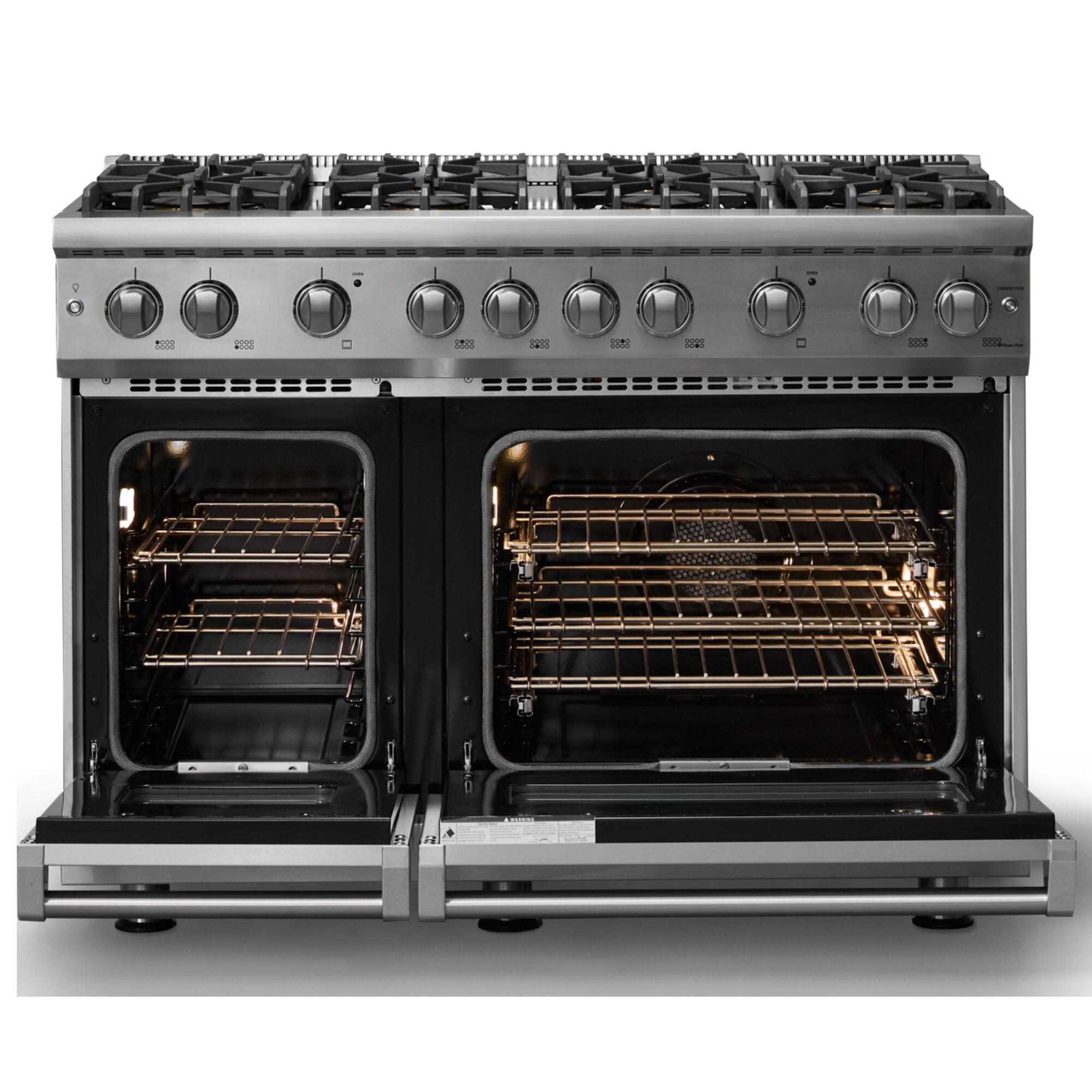 Viking 5 Series 48 in. Standard Convection Double Oven Gas Range VGR54848BSS in Stainless Steel, front view with oven doors open detailing racks and interior lighting.