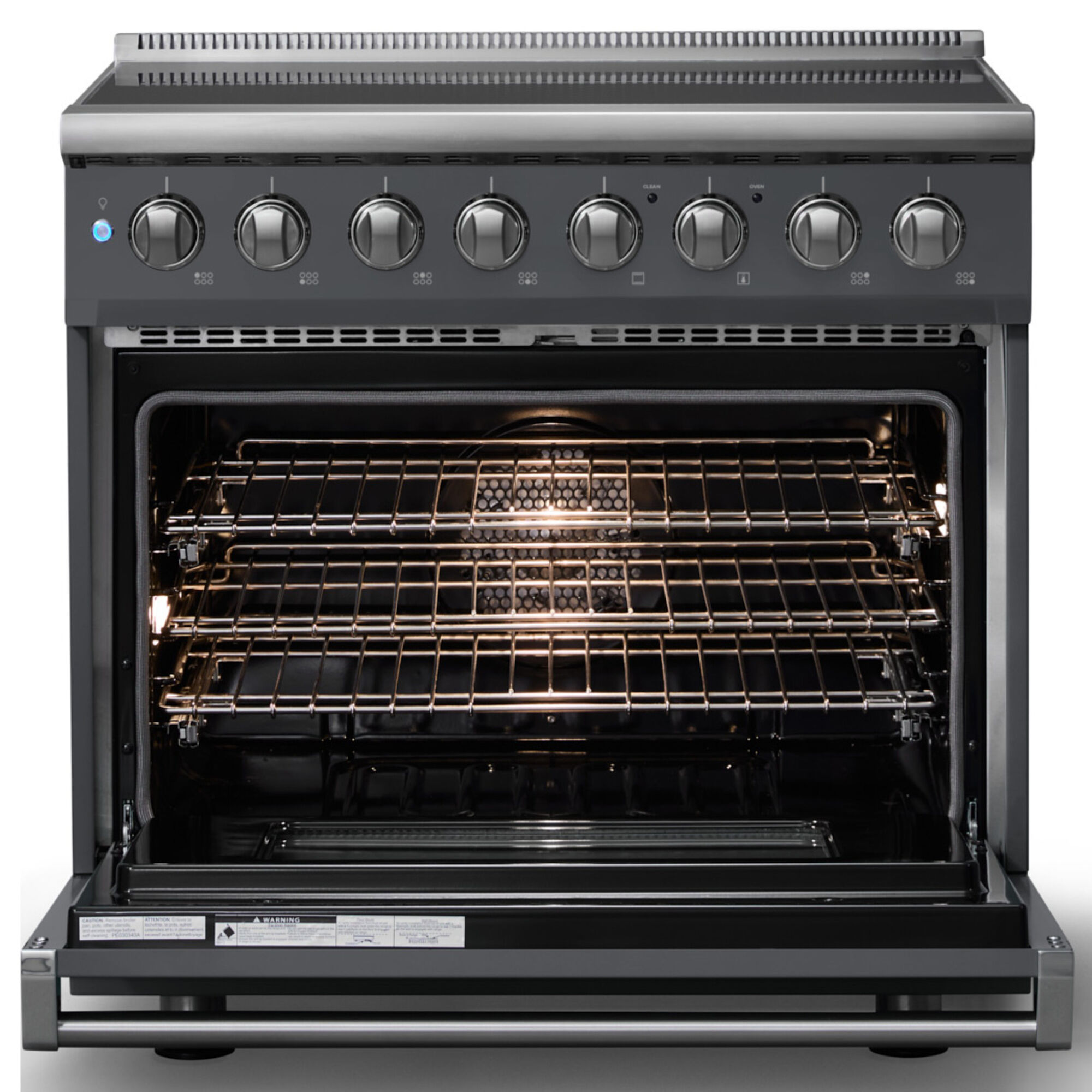 Viking 5 Series 36 in. Electric Induction Range in Cast Black with Polished Chrome Trim, front view with oven doors open displaying interior racks and lighting.