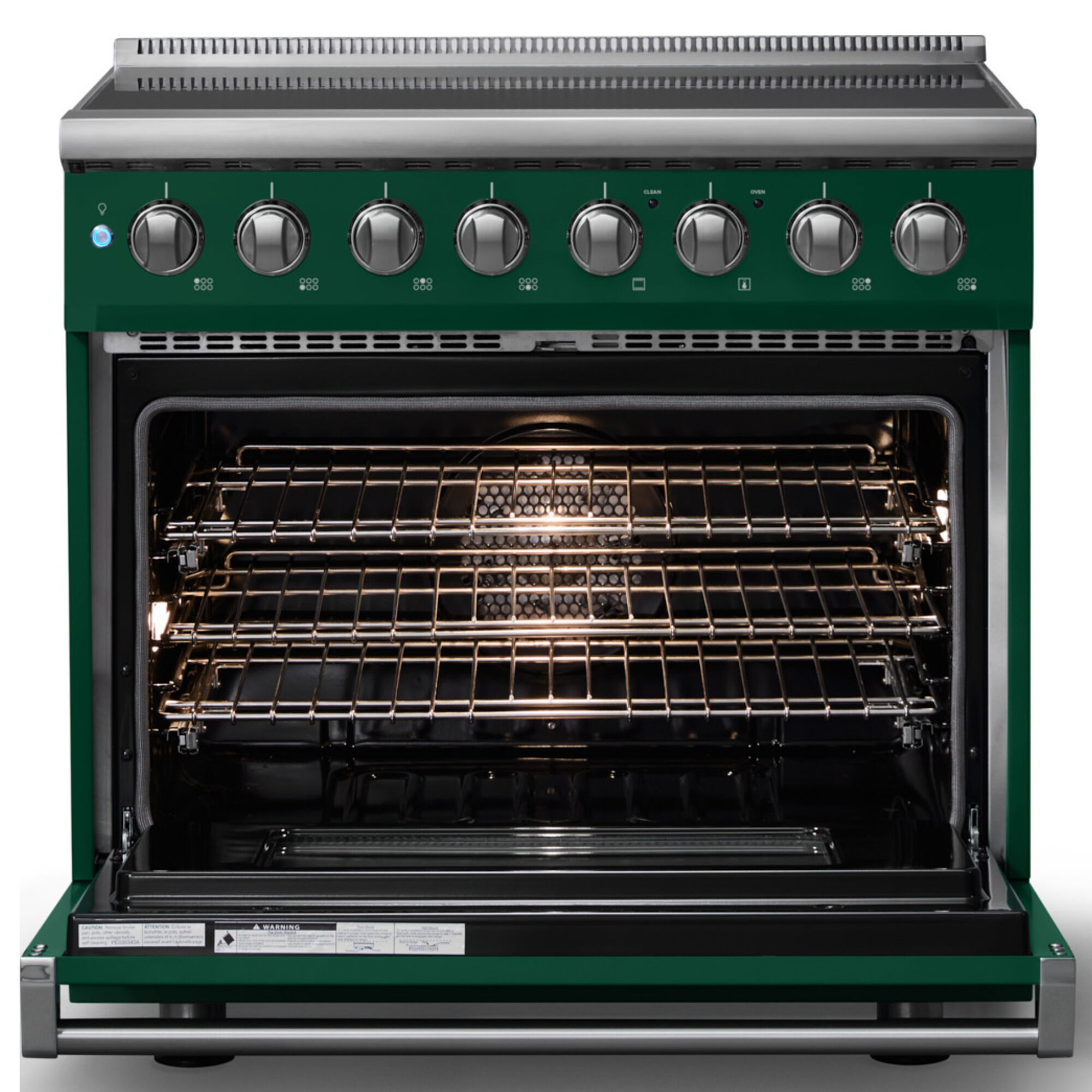 Viking 5 Series 36 in. Electric Induction Range in Ivy Green with Polished Chrome Trim, front view with oven door open displaying interior racks and lighting.