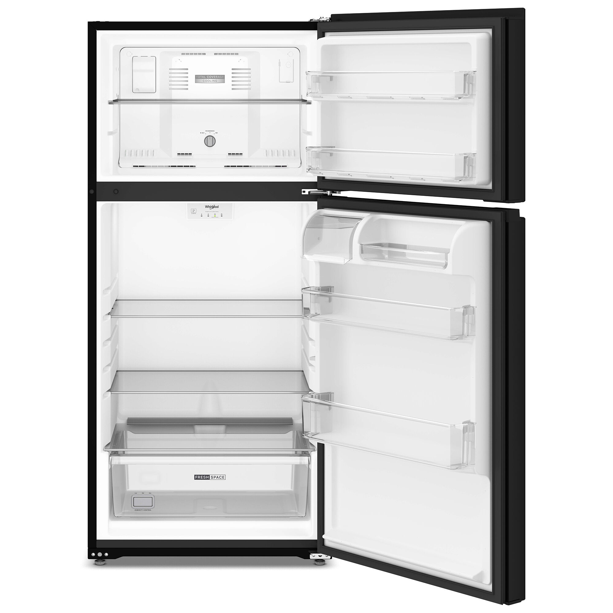 Interior view of the Whirlpool WRTX3014TB showing adjustable wire shelves and door storage bins stocked with groceries.