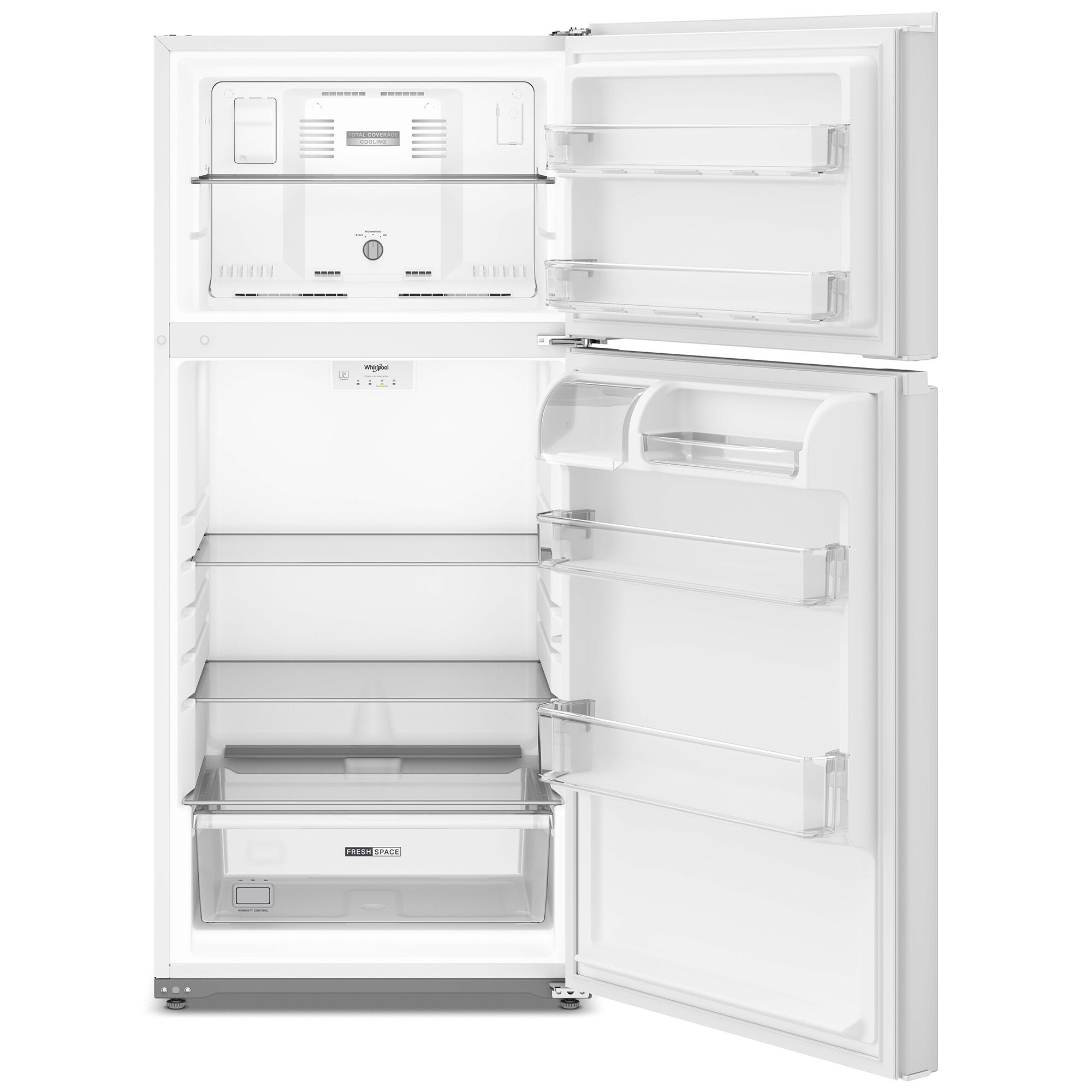 Interior view of the Whirlpool WRTX3014TW showing adjustable wire shelves and door storage bins stocked with groceries.