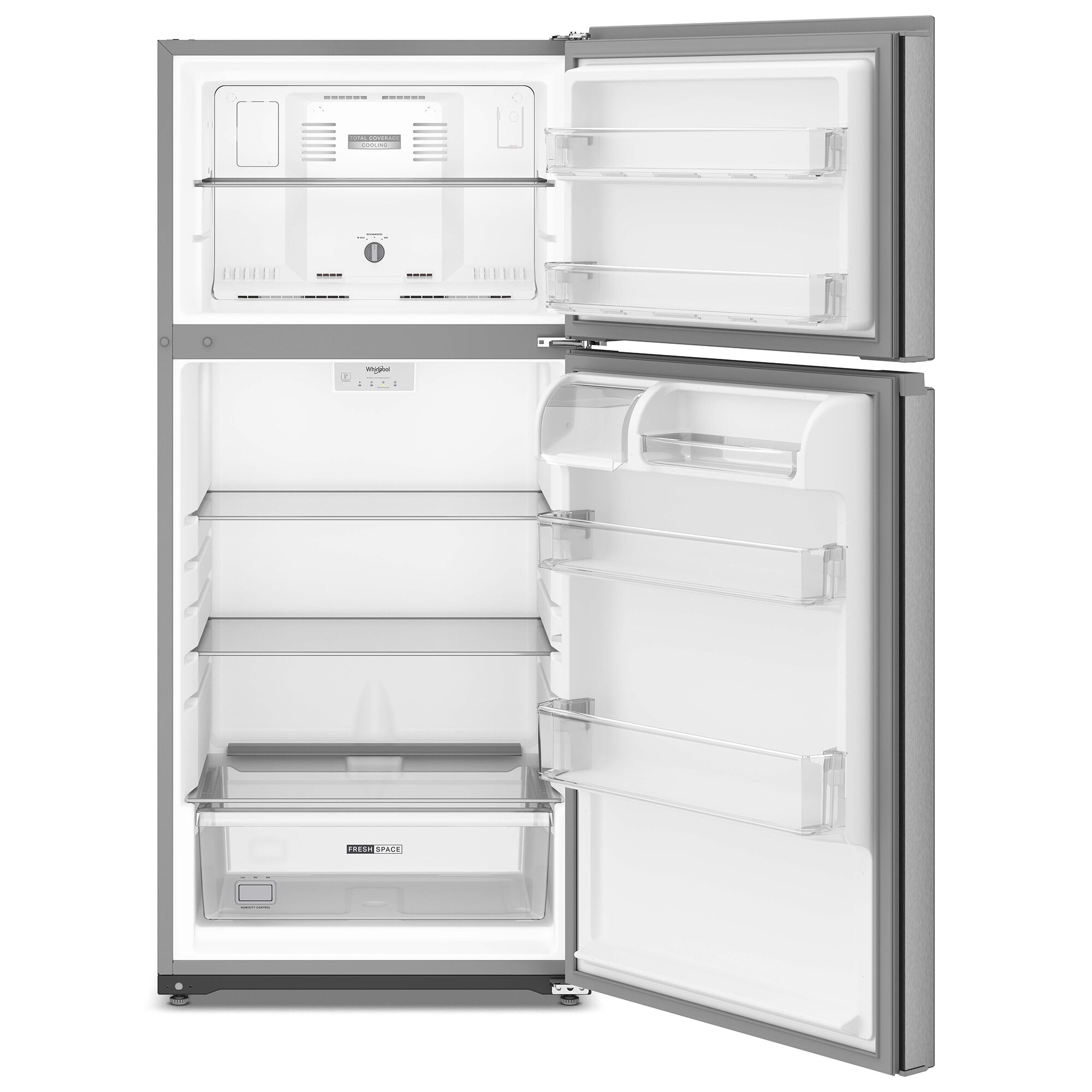 Whirlpool WRTX3314TZ top freezer refrigerator in fingerprint resistant stainless steel shown with doors open, detailing all of the interior storage.