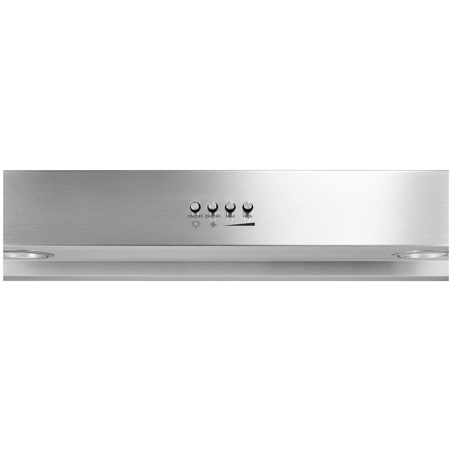 Close-up view of the Whirlpool WVU37UC6FS range hood underside showing full-width grease filters and two-speed fan controls.