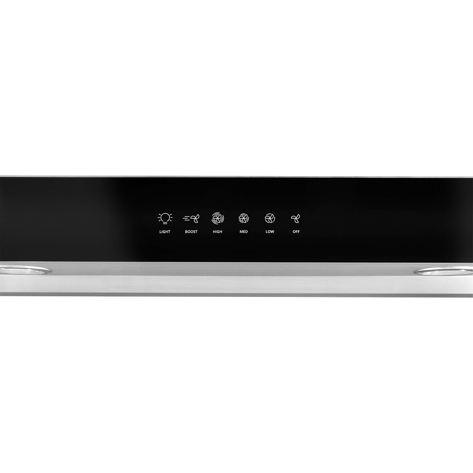 Close-up of the black glass touch control panel on the Whirlpool WVU57UC0FS range hood showing fan speed and lighting controls.
