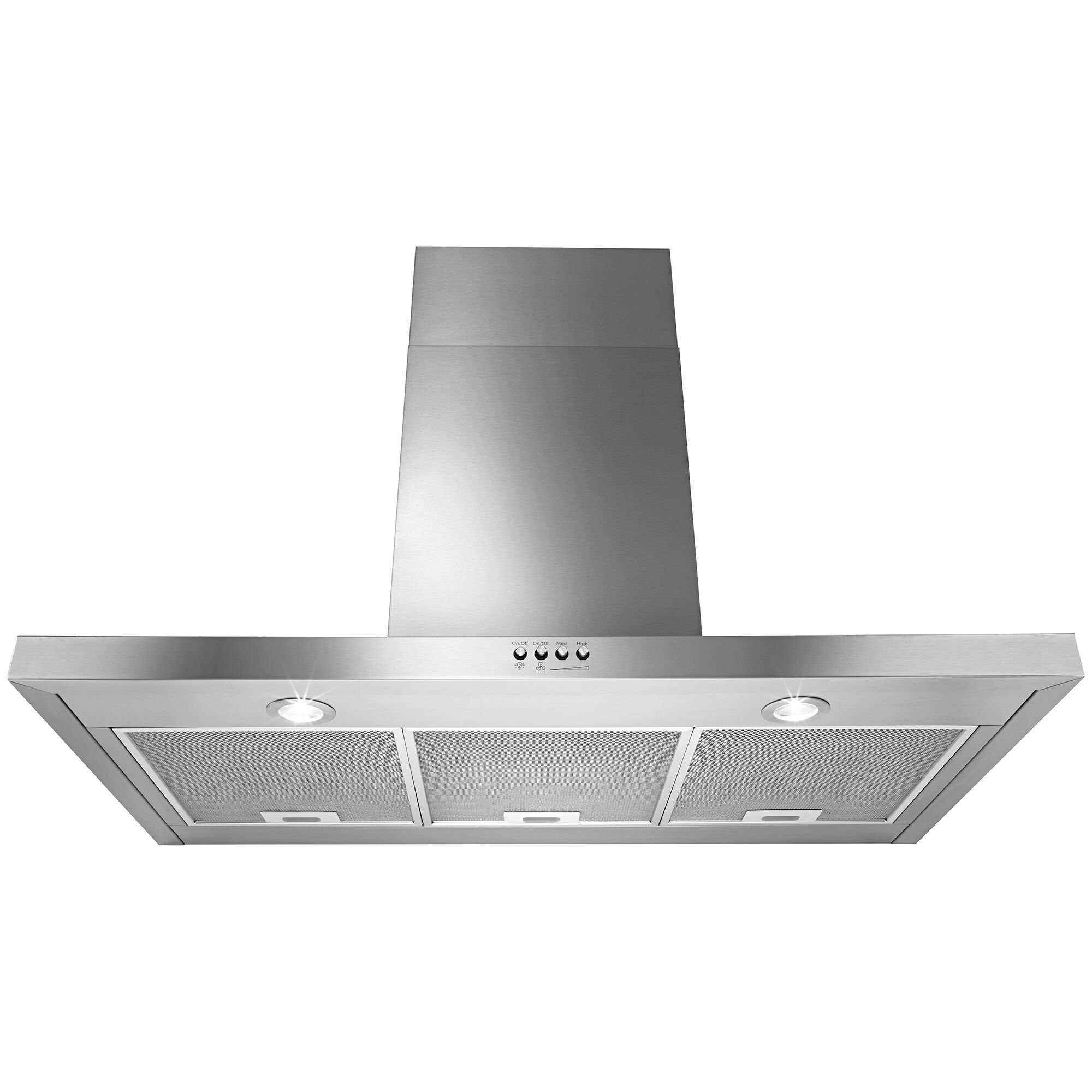 Close-up of the Whirlpool WVW57UC6FS range hood control panel and LED lighting illuminating the cooktop surface below.