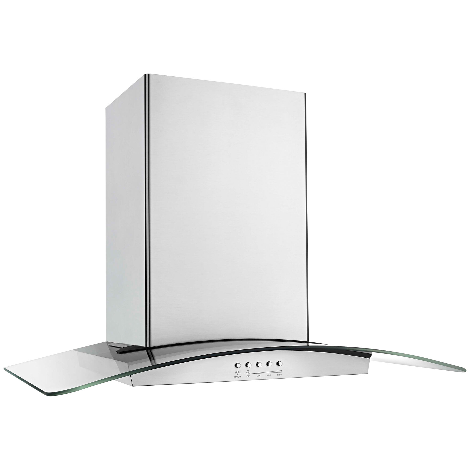 Whirlpool WVW75UC0DS 30-inch modern glass wall mount range hood in stainless steel, shown on white background.