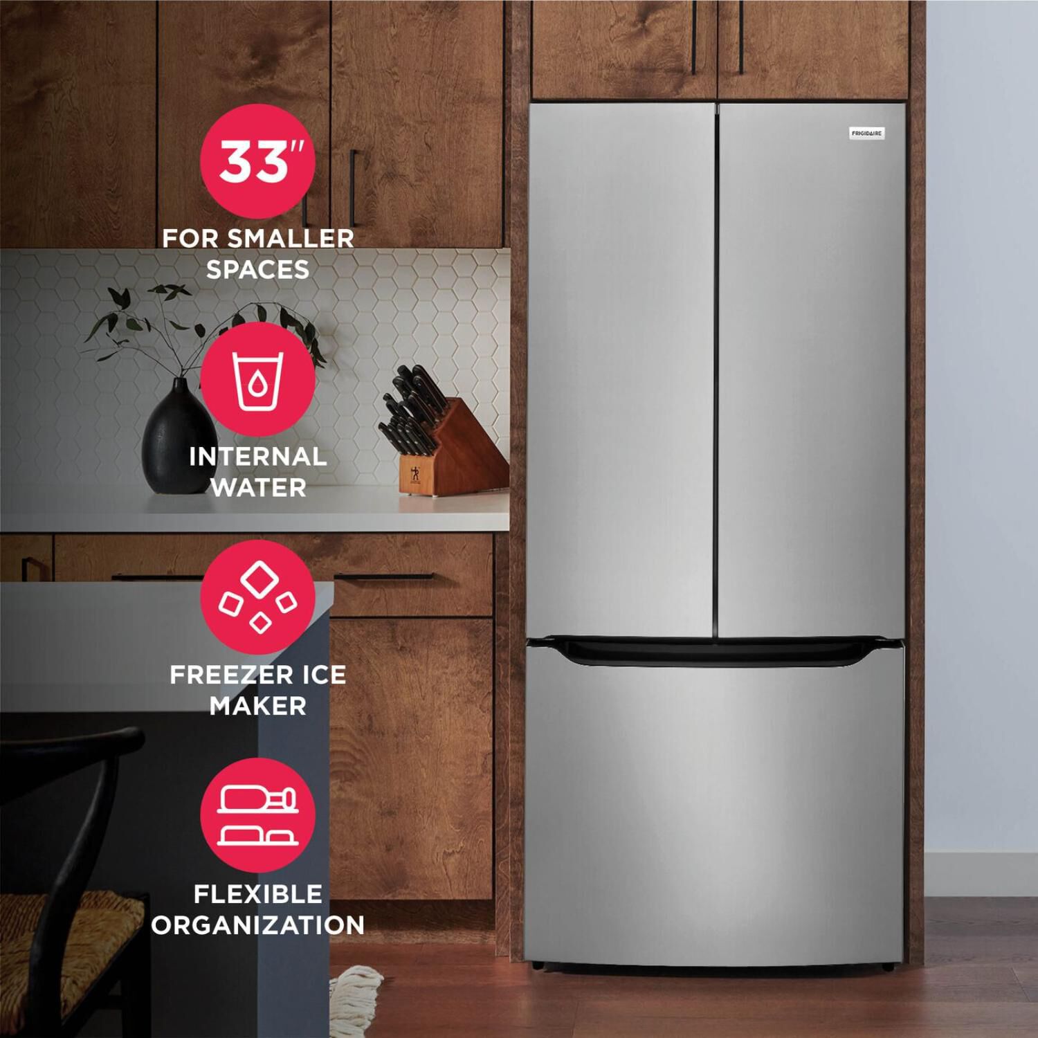Frigidaire counter depth French door refrigerator in stainless steel, shown with feature callouts: 33-inch width, internal water dispenser, freezer ice maker, and flexible door organization.
