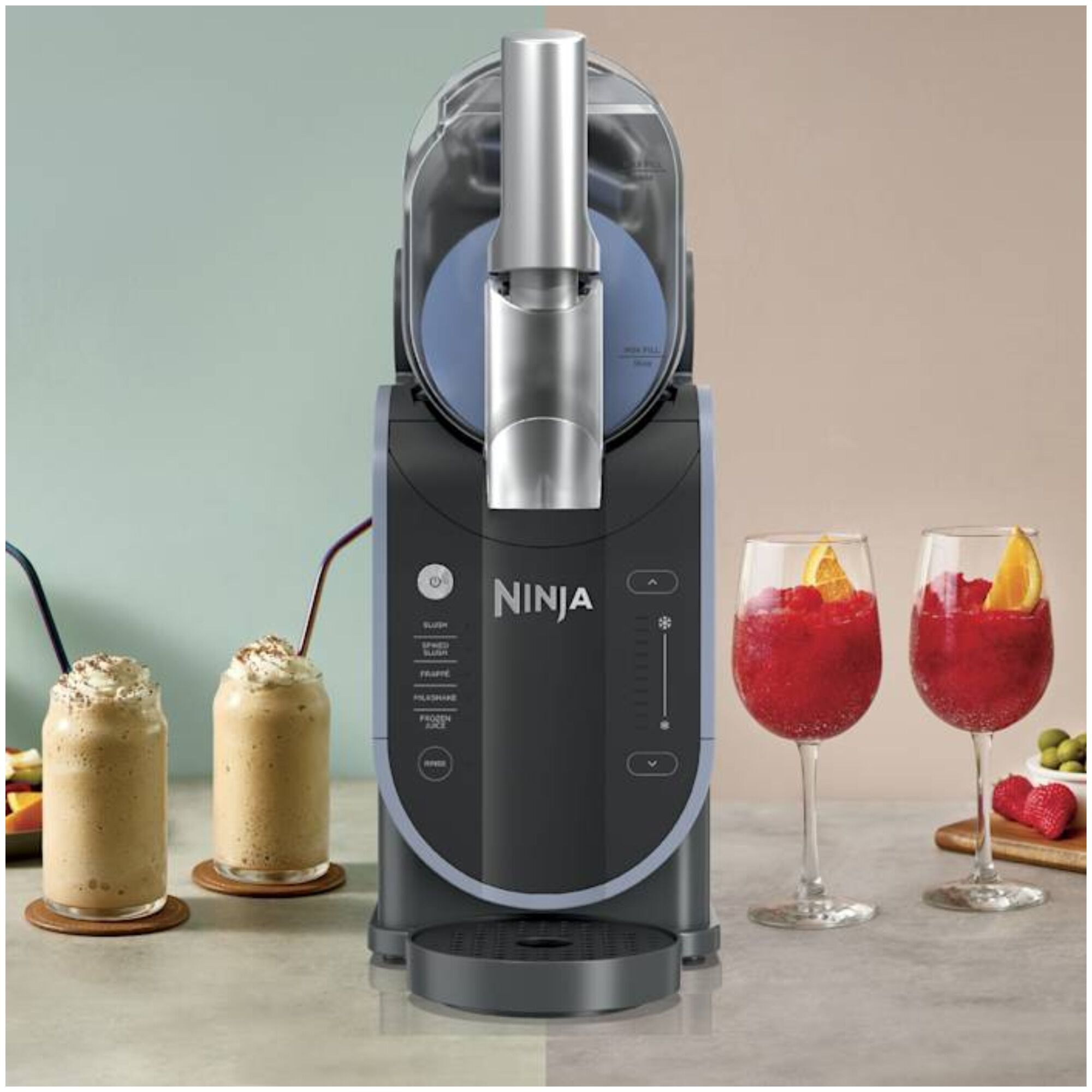 Ninja FS301 slushie machine in black and gray shown with a frozen coffee drink and two red wine slushies in stemmed glasses.