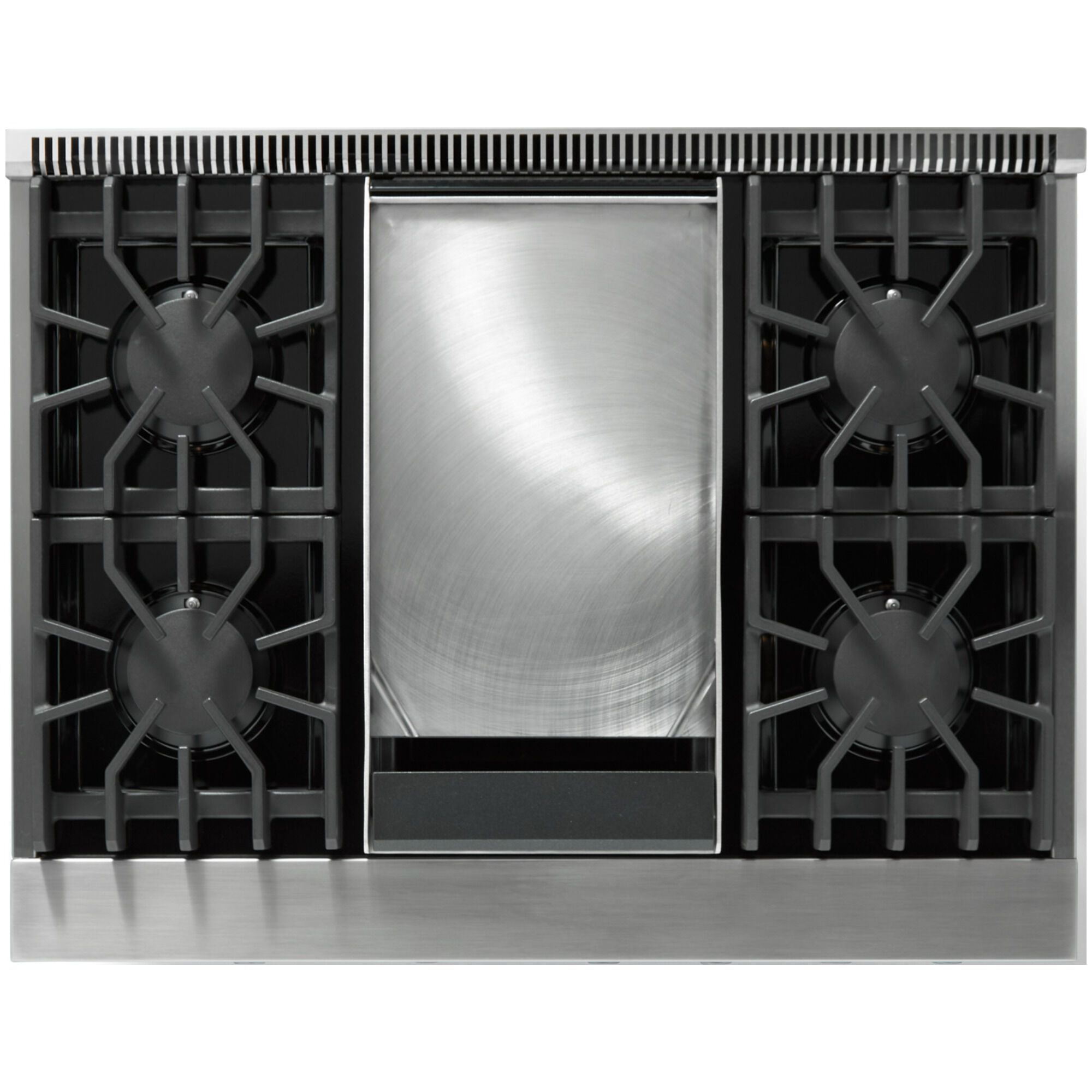 Viking 36-Inch Dual Fuel Range VDR53644GSSLP, Liquid Propane, Stainless Steel, top view showing four burners and griddle.