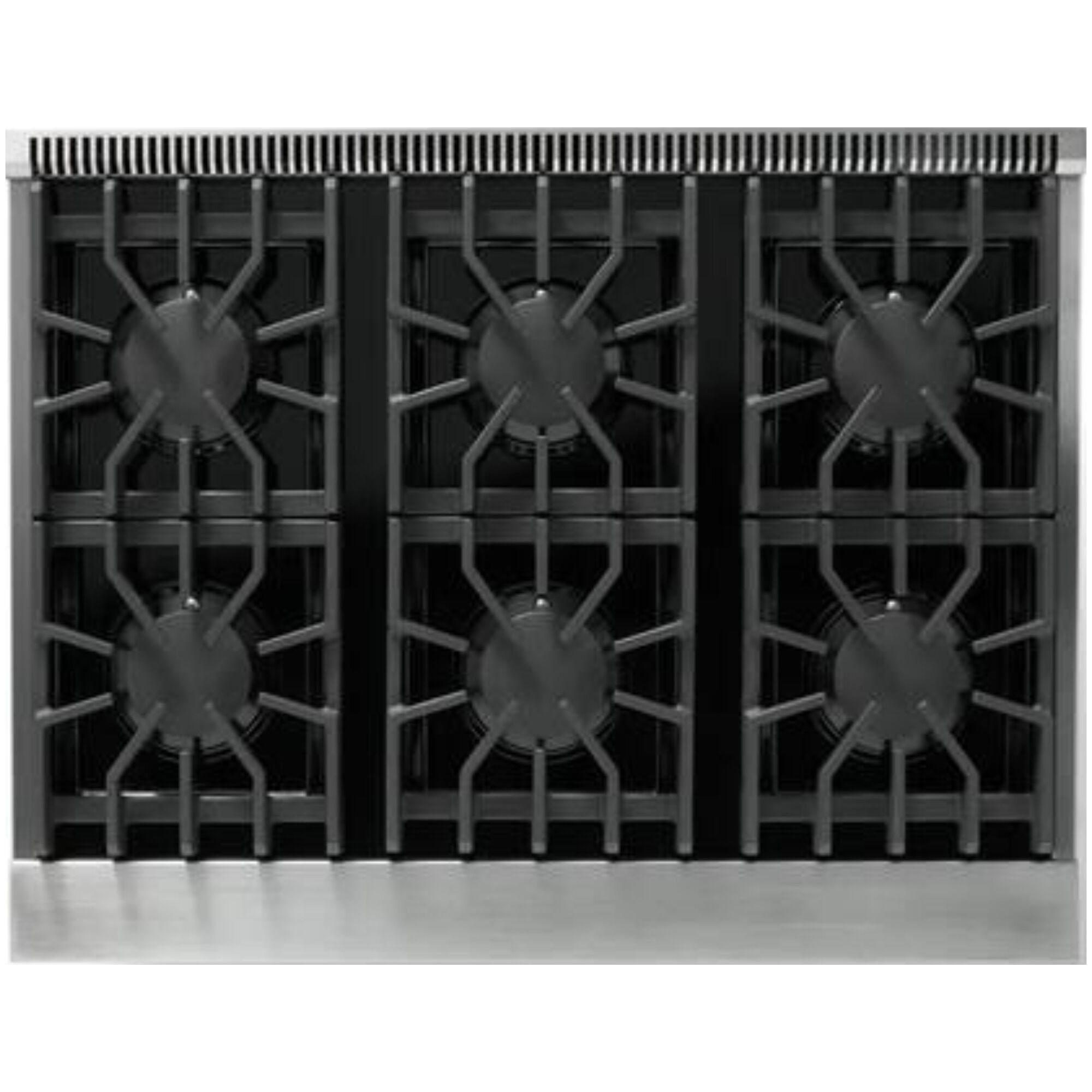 Viking 5 Series 36 in. Dual Fuel Range, Stainless Steel, detail view showing sealed burners and continuous cast-iron grates
