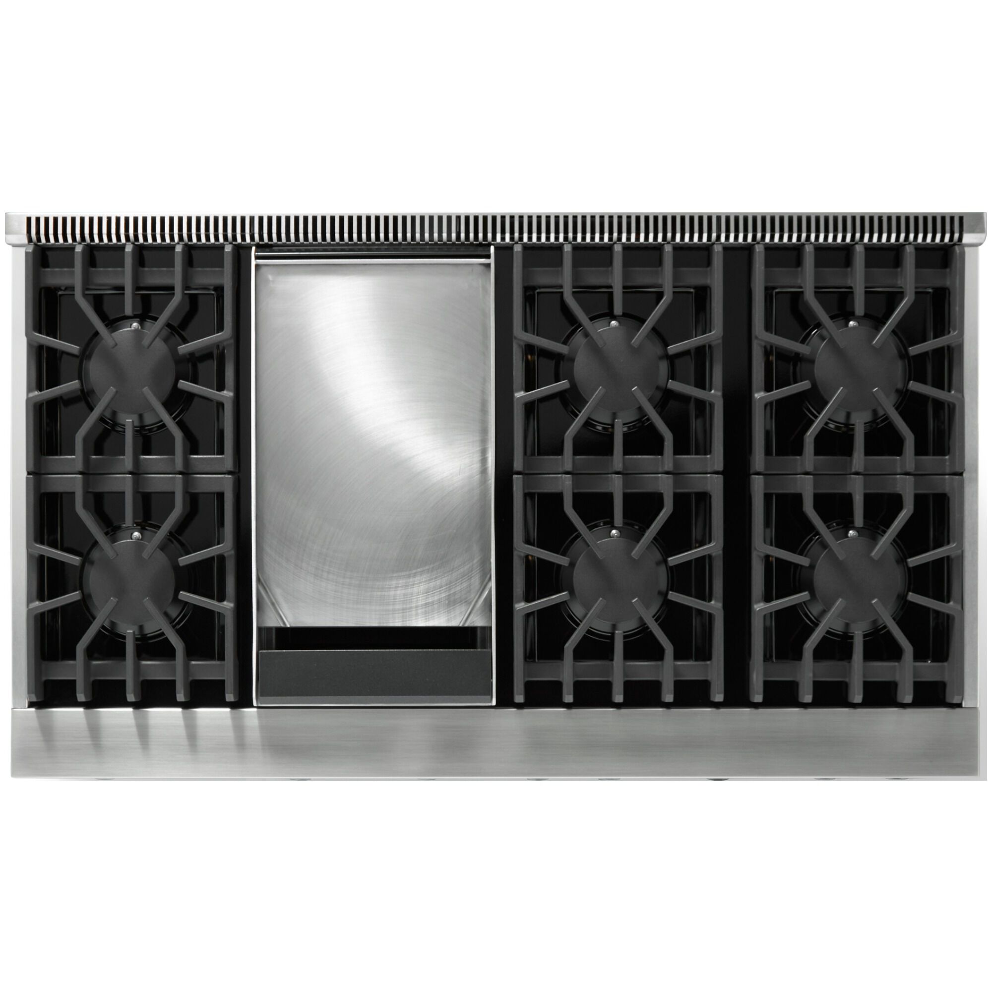Viking 5 Series VGR54846GPW Pure White 48 in. gas range detail view showing sealed burners and griddle.