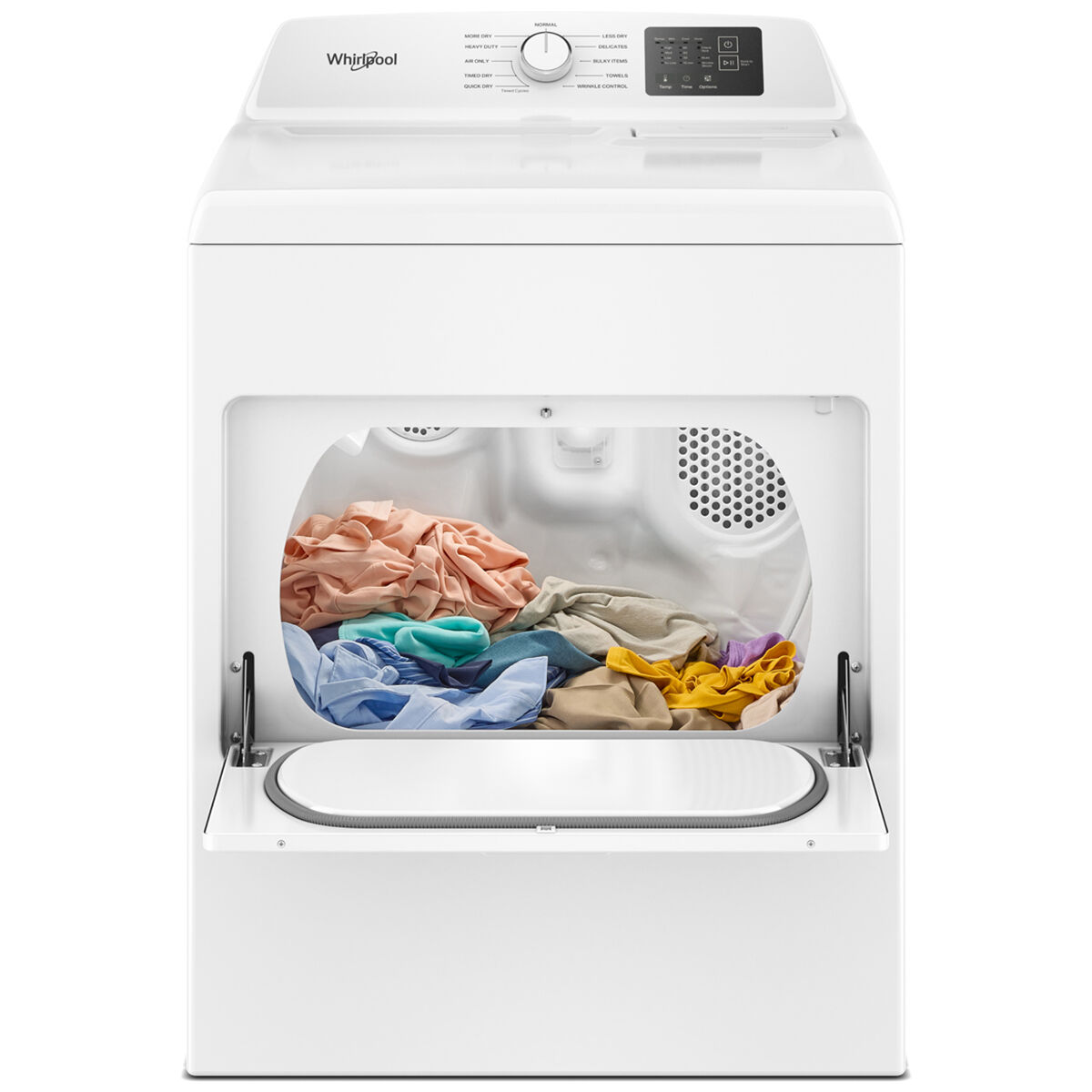 Large capacity Whirlpool gas dryer drum shown loaded with towels and clothing, illustrating the spacious 7.0 cu. ft. interior.