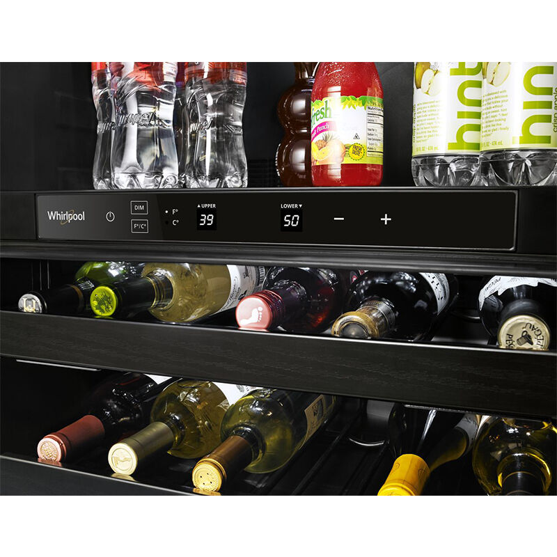 Close-up of the Whirlpool WUB35X24HZ digital control panel showing temperature settings for both beverage zones.