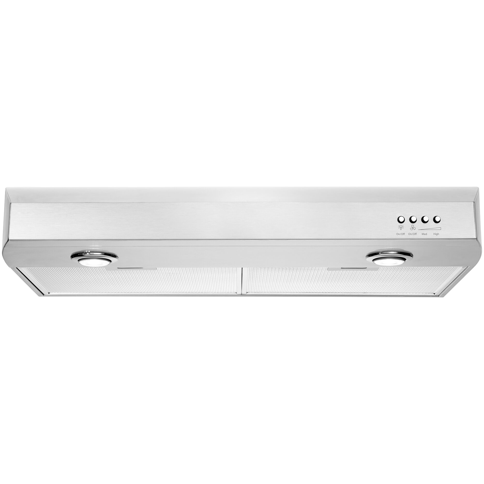Whirlpool WVU7130JS range hood with task lighting illuminating the cooktop surface below.