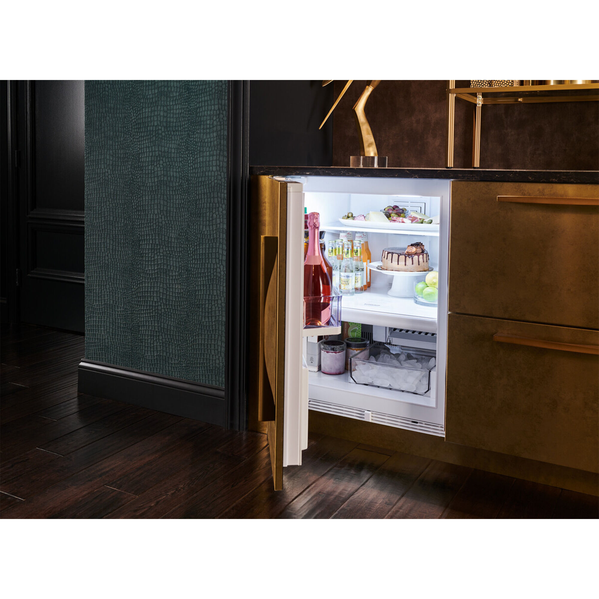 Sub-Zero DEU2450CI/L Designer Series Smart Undercounter Refrigerator shown in a luxury built-in kitchen setting