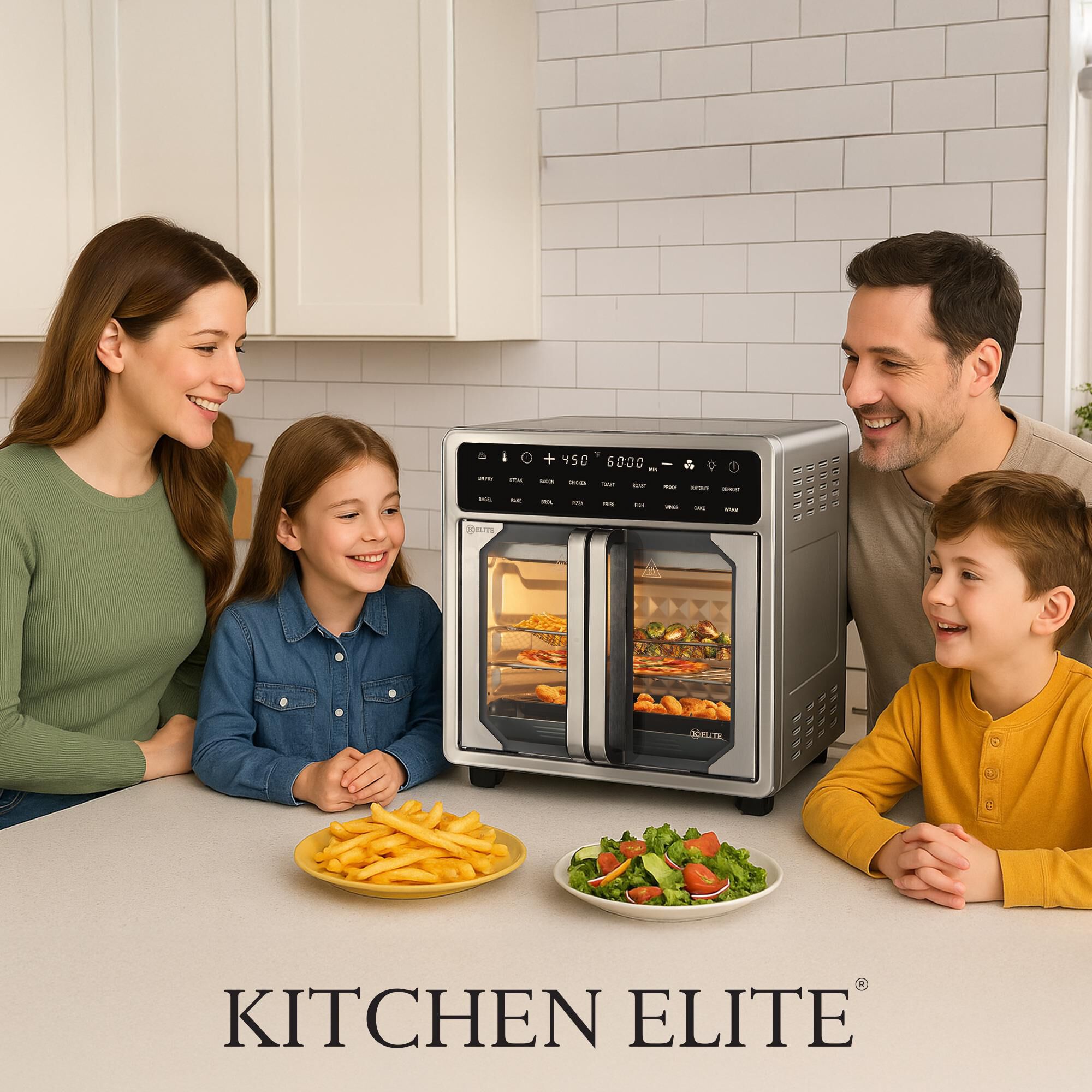Kitchen Elite KE-AFO-110PC A smiling family of four gathers around stainless steel Kitchen Elite toaster oven model KE-AFO-110PC on a kitchen counter, with plates of french fries and salad nearby.