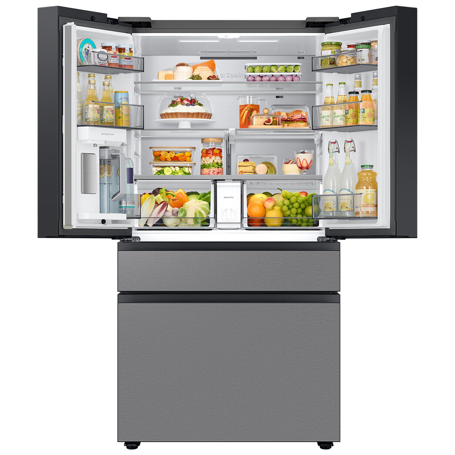 Samsung Bespoke AI 4-Door French Door Refrigerator RF70F29DERAA in Stainless Steel, front view showing the full refrigerator with four doors and a FlexZone drawer against a white background.