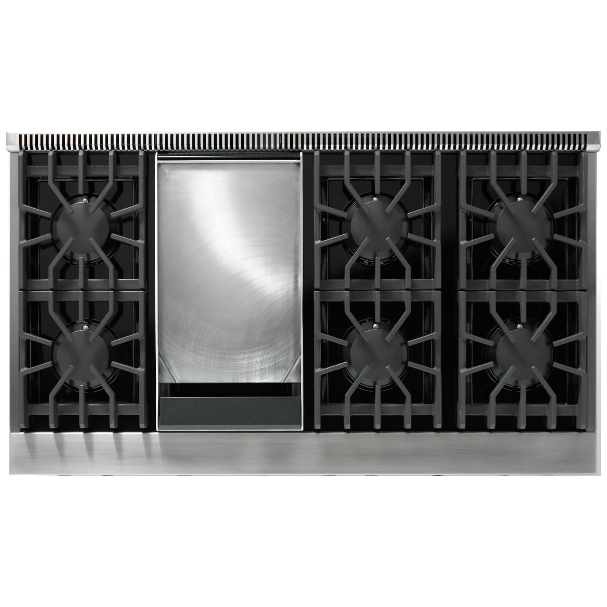 Viking 5 Series VDR54846GSSL 48 in. Dual Fuel Range, Stainless Steel, Liquid Propane, detail view showing sealed burners and integrated griddle
