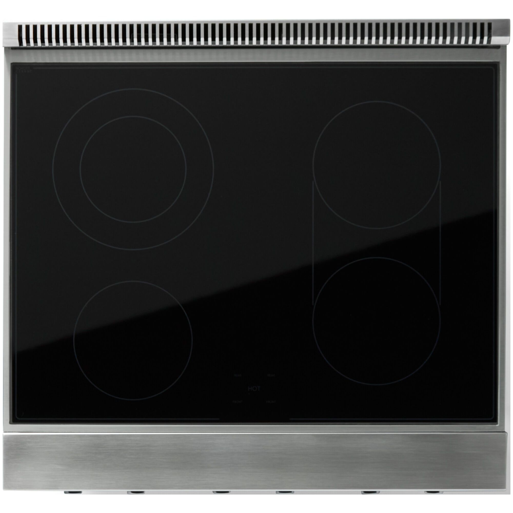 Viking 5 Series VER53044BCS electric range detail view showing smooth glass ceramic cooktop and oven controls in Cast Black