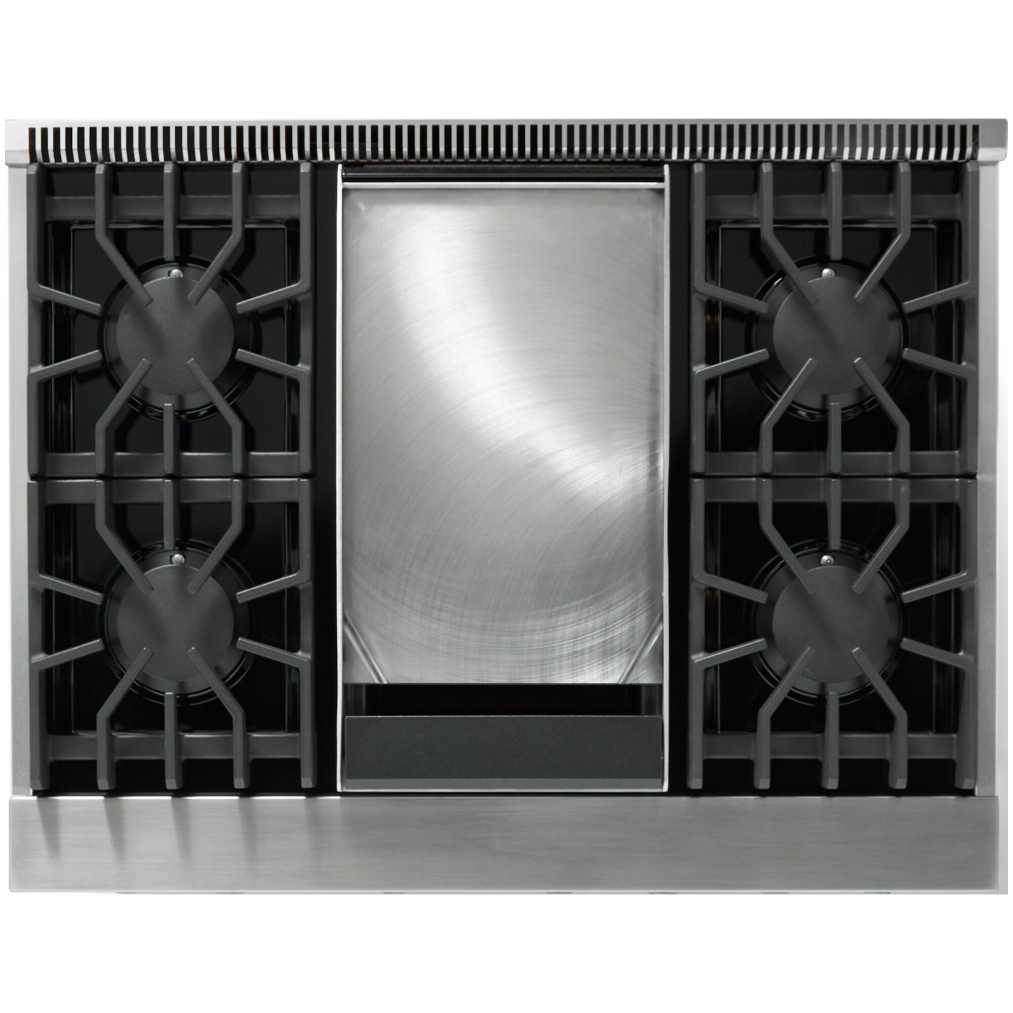 Viking 5 Series VGR53644GSS detail view showing sealed burners and griddle in Stainless Steel finish.