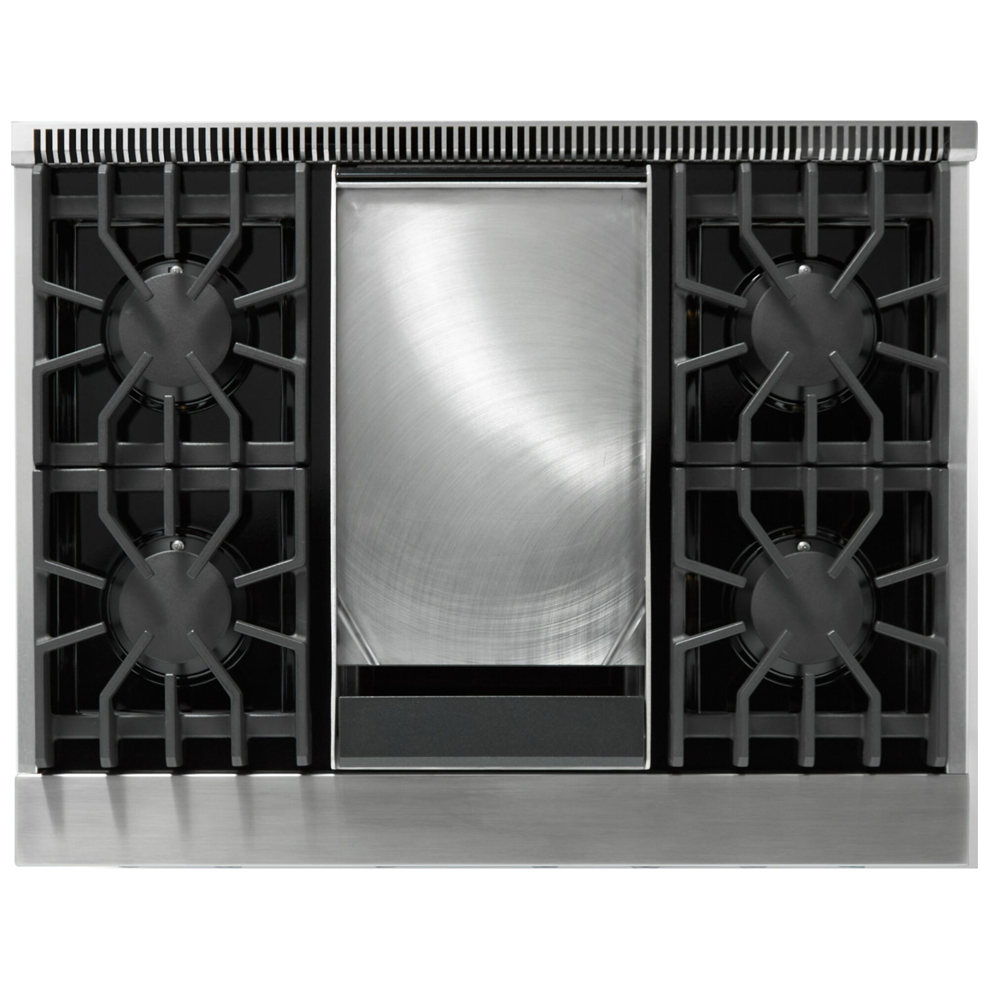 Viking 5 Series VGR53644GSSL detail view showing sealed burners and griddle in Stainless Steel finish.