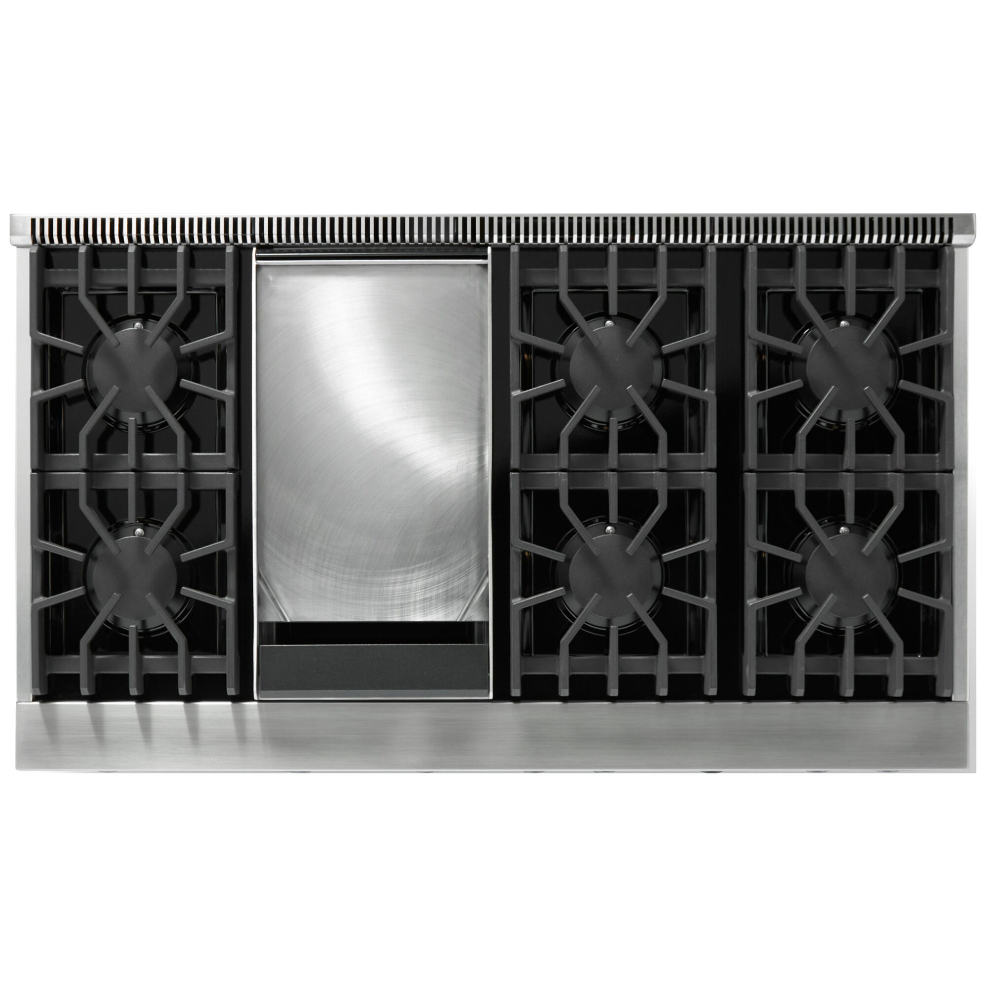 Viking 5 Series VGR54846GSSL Stainless Steel 48 in. liquid propane gas range detail view showing sealed burners and griddle.