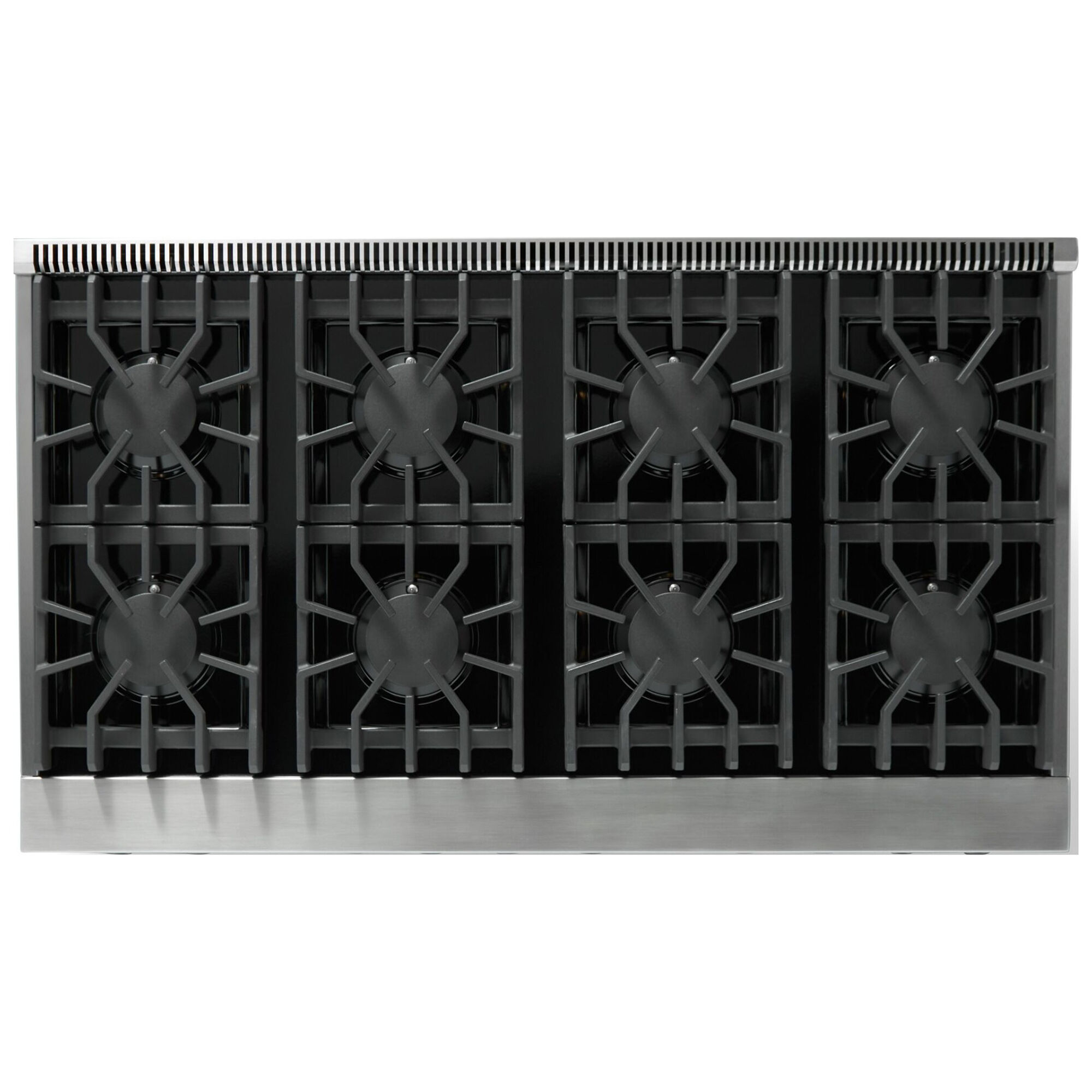 Viking 5 Series VGR54848BSSL Stainless Steel 48 in. liquid propane gas range detail view showing eight sealed burners.
