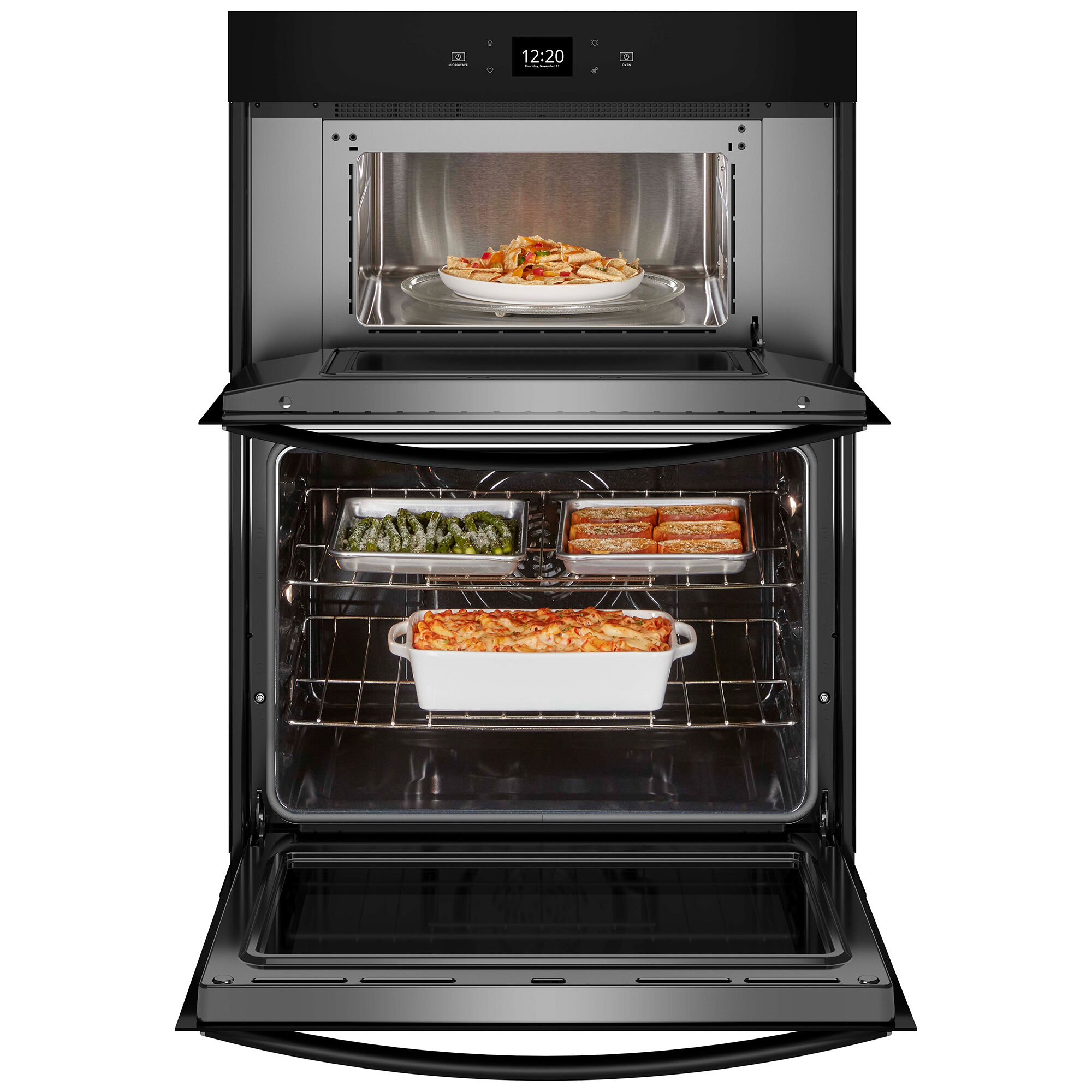 Whirlpool WOEC5027LB combo wall oven with microwave upper unit and 5.7 cu. ft. lower oven cavity shown open with food inside.