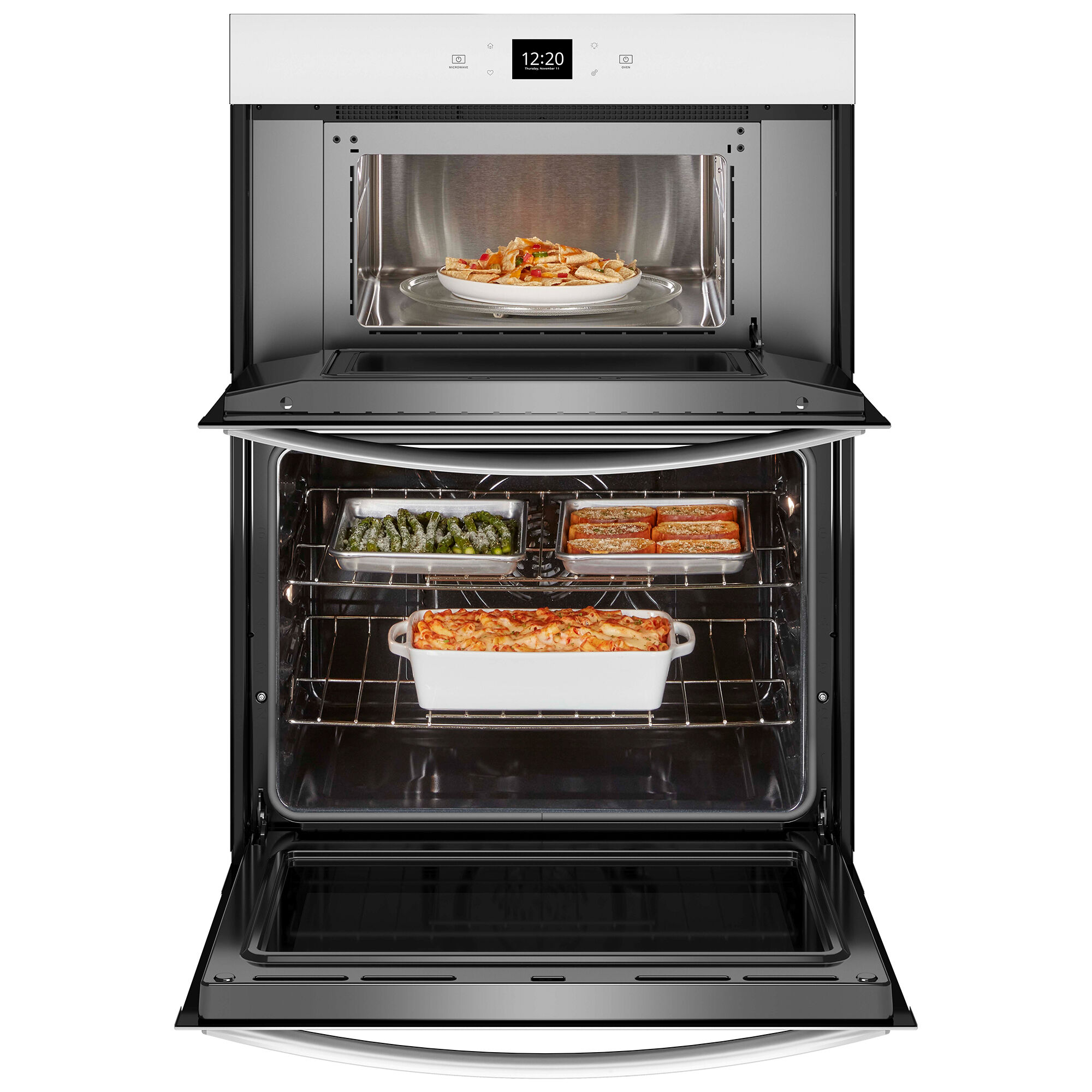 Whirlpool WOEC5027LW combo wall oven with microwave upper unit and 5.7 cu. ft. lower oven cavity shown open with food inside.