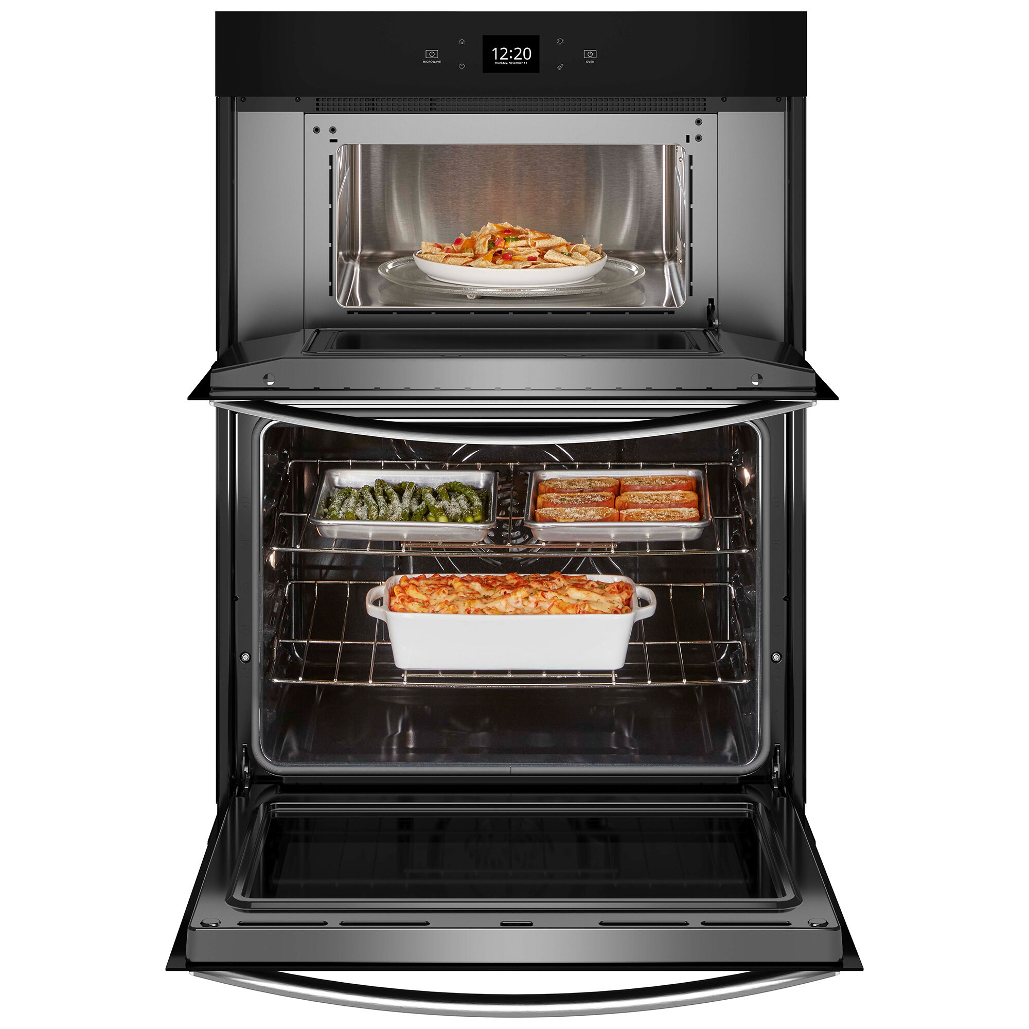 Whirlpool WOEC5027LZ combo wall oven with microwave upper unit and 5.7 cu. ft. lower oven cavity shown open with food inside.