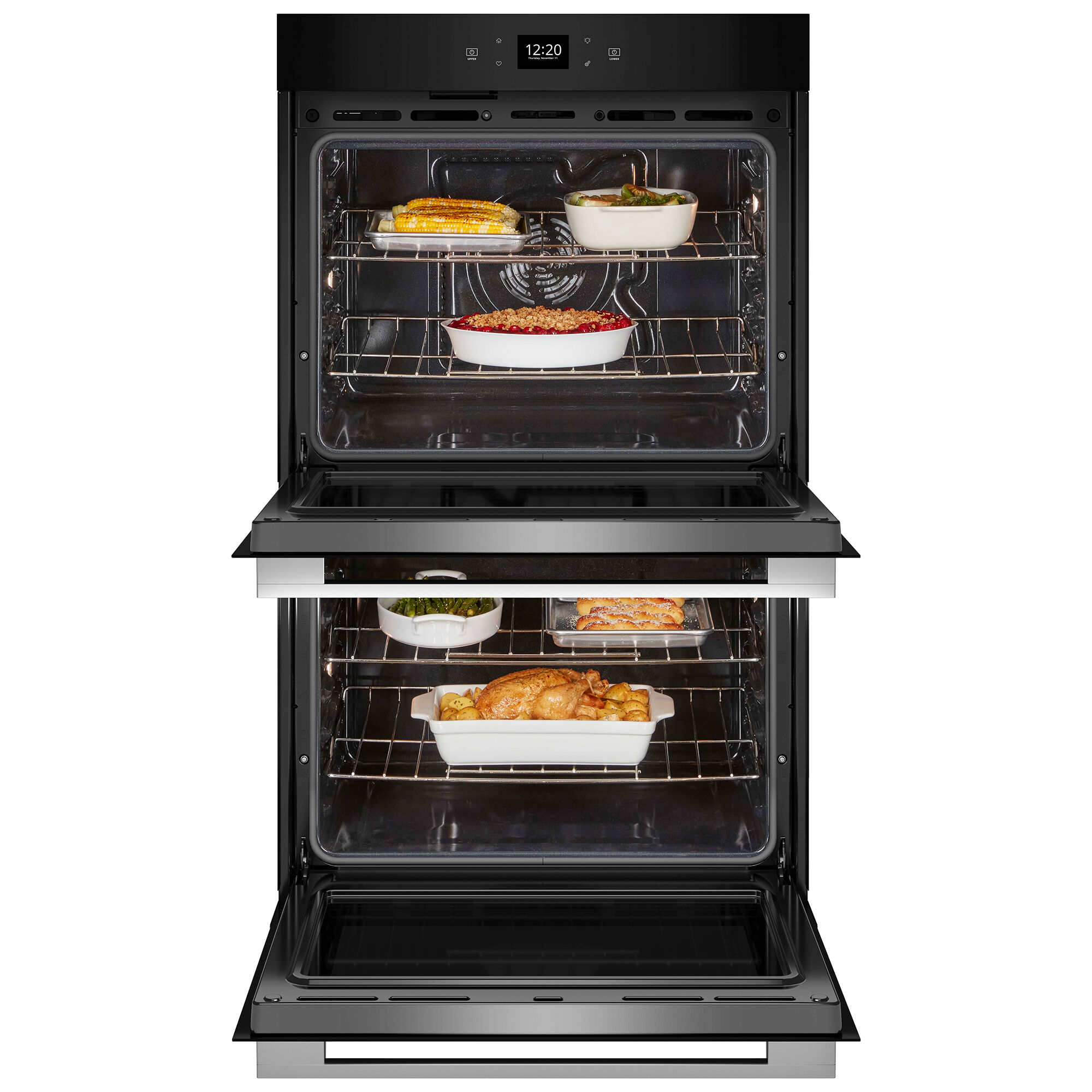 Whirlpool WOED5930LZ with both upper and lower oven doors open showing full interior cavity depth and rack positions.