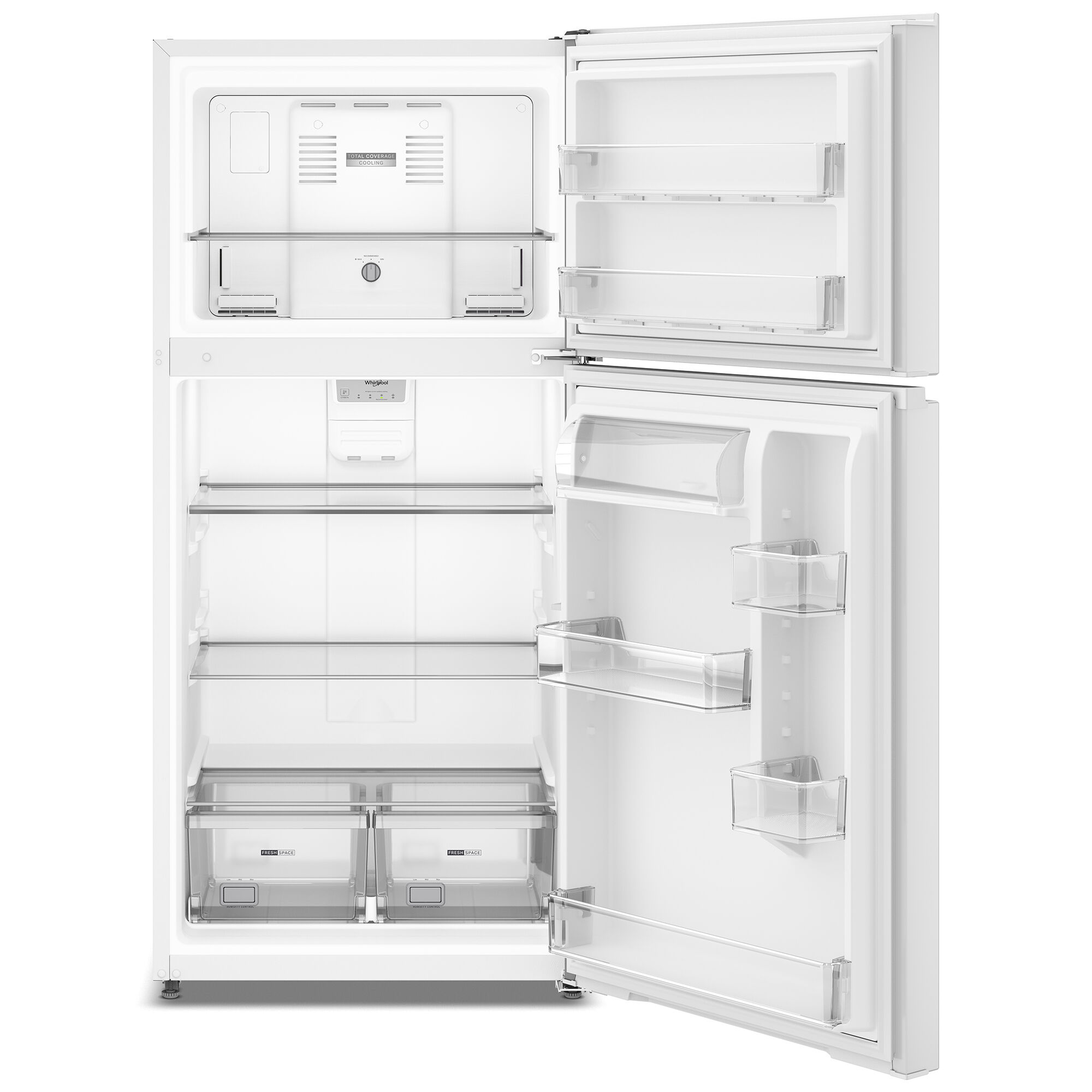 Interior view of the Whirlpool WRTX3319SW top freezer refrigerator showing adjustable glass shelves and crisper drawer.