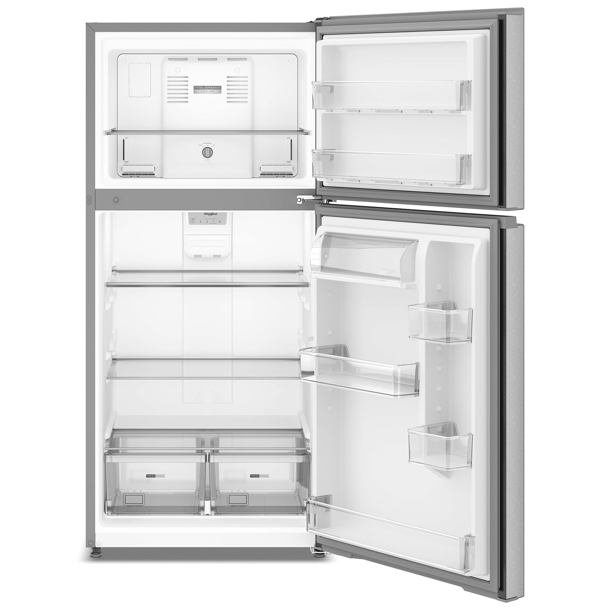 Interior view of the Whirlpool WRTX3319SZ top freezer refrigerator showing adjustable glass shelves and crisper drawer.