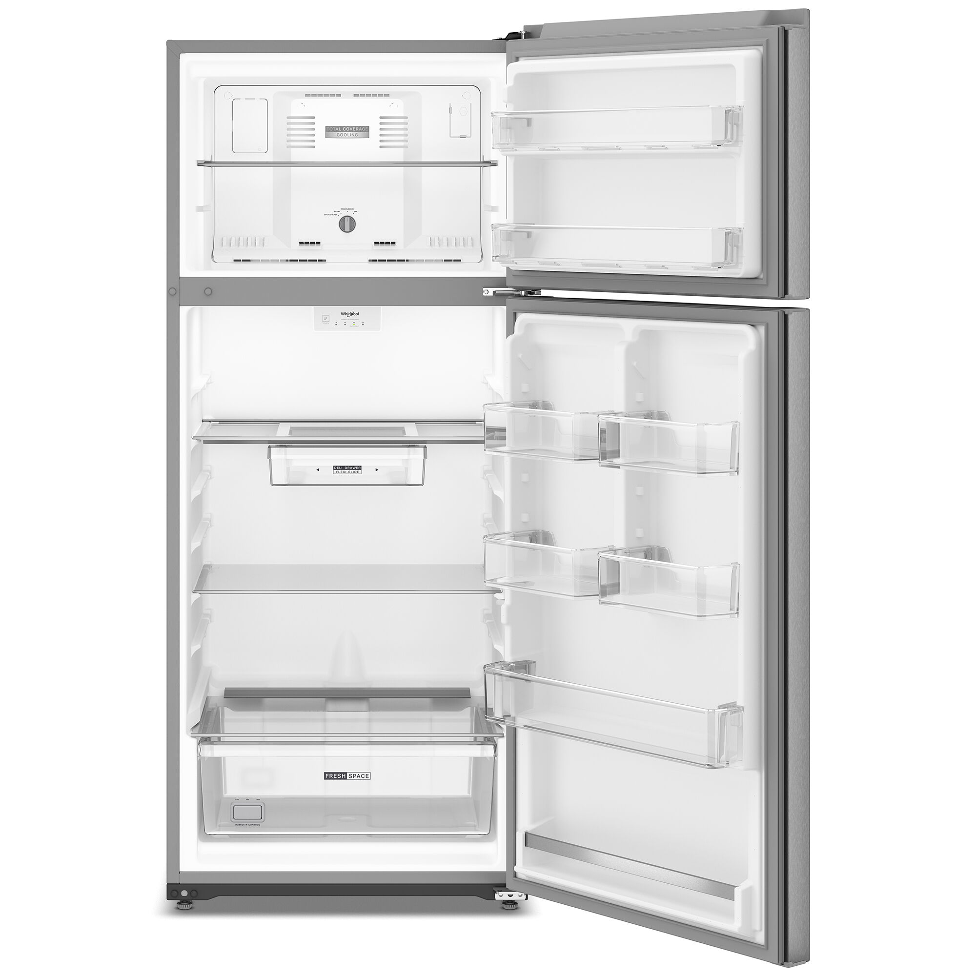 Interior view of Whirlpool WRTX5118TZ refrigerator showing adjustable glass shelves, crisper drawers, and door bins stocked with food.