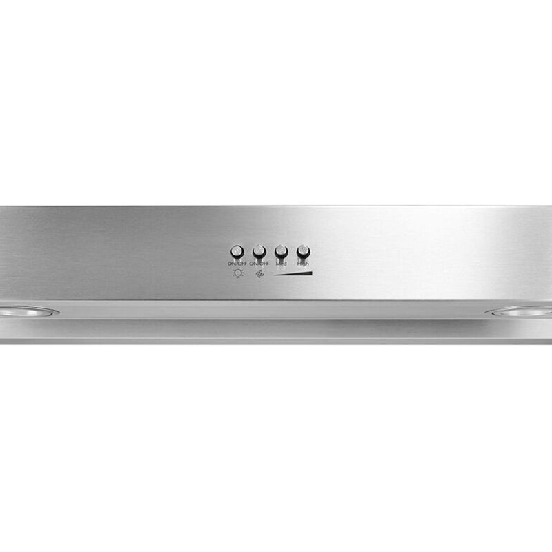 Close-up of the Whirlpool WVU37UC0FS range hood control panel showing two-speed fan controls and cooktop light switch.