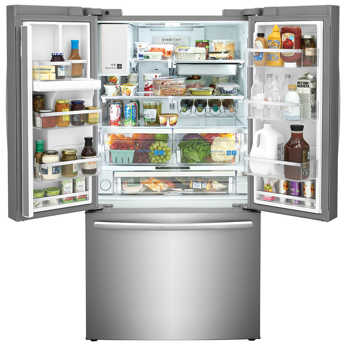 Interior view of GRFS287DAF showing adjustable shelves, humidity-controlled crispers, and LED lighting