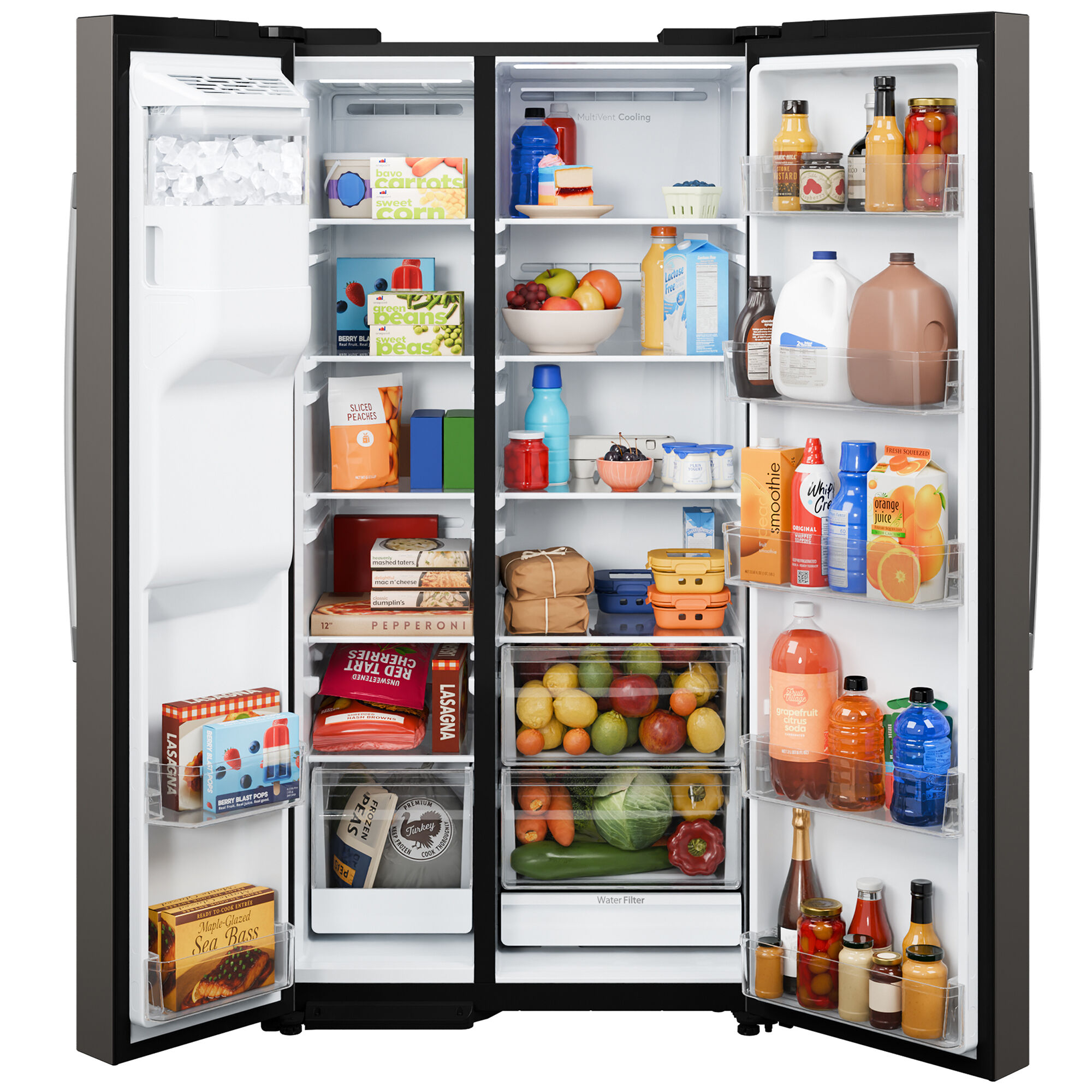 GE GSS28NYYFS Side-By-Side Refrigerator Detailed Interior View