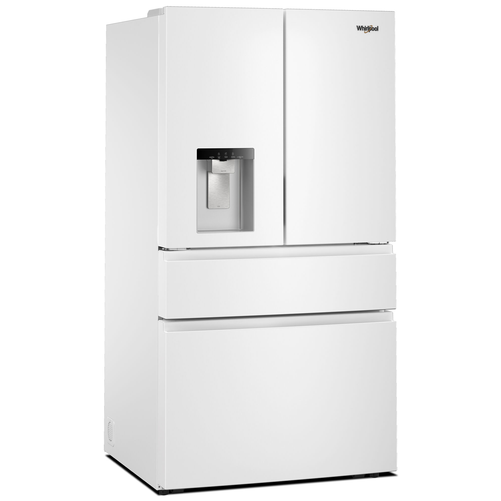 In-door ice and water dispenser panel on the Whirlpool WRMF3536SW refrigerator showing dispenser controls on the white exterior door.