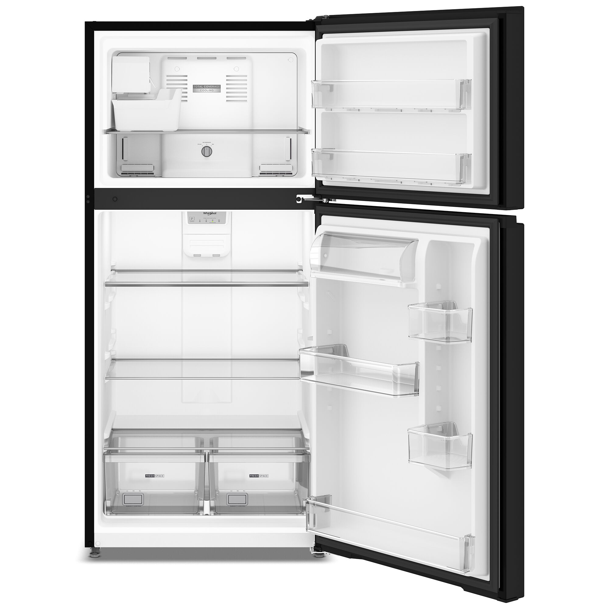 Interior view of the Whirlpool WRTX3219SB top freezer refrigerator showing adjustable glass shelves and door bins, crisper drawers and freezer compartments.