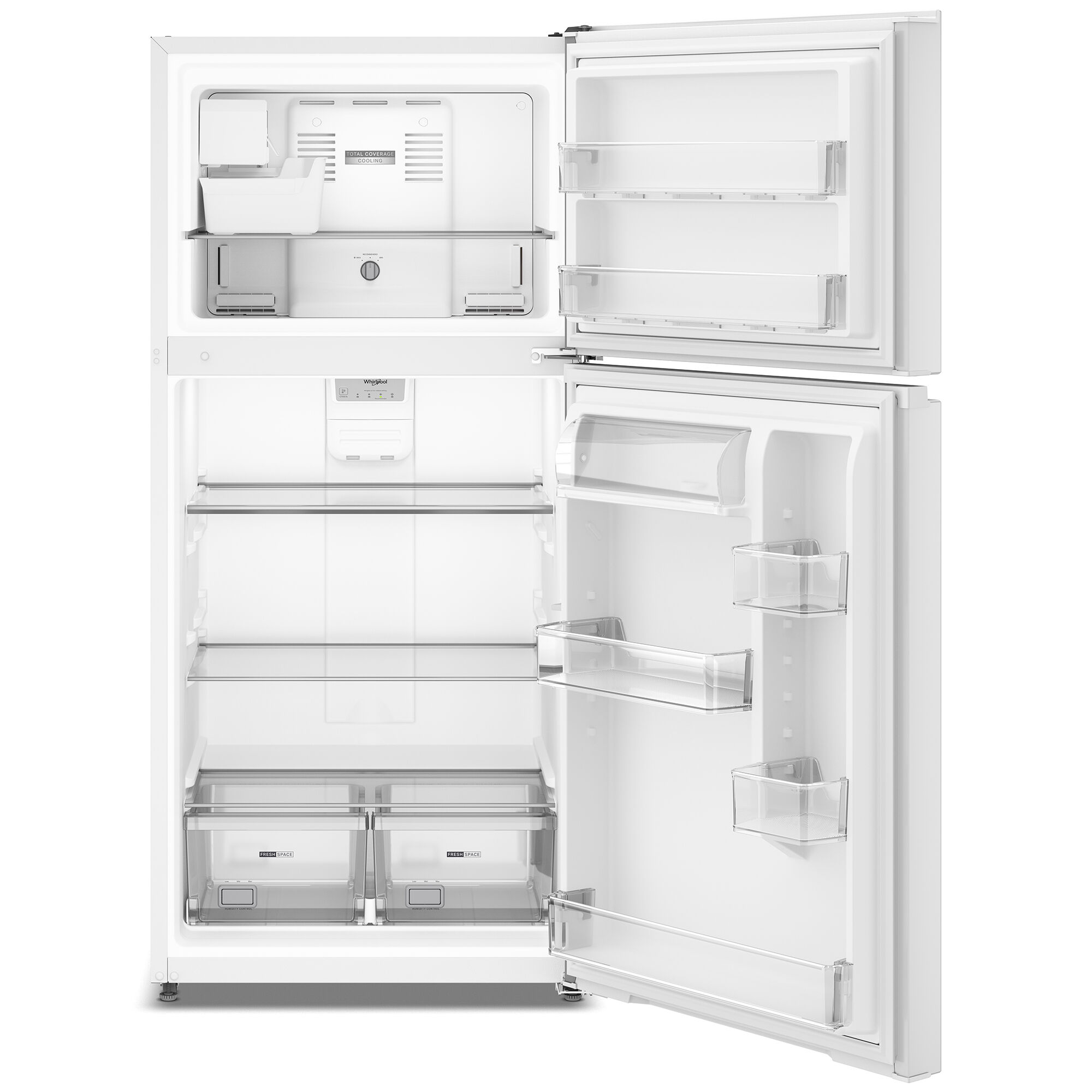 Interior view of the Whirlpool WRTX3219SW white top freezer refrigerator showing adjustable glass shelves, door bins, crisper drawers, and freezer compartment.