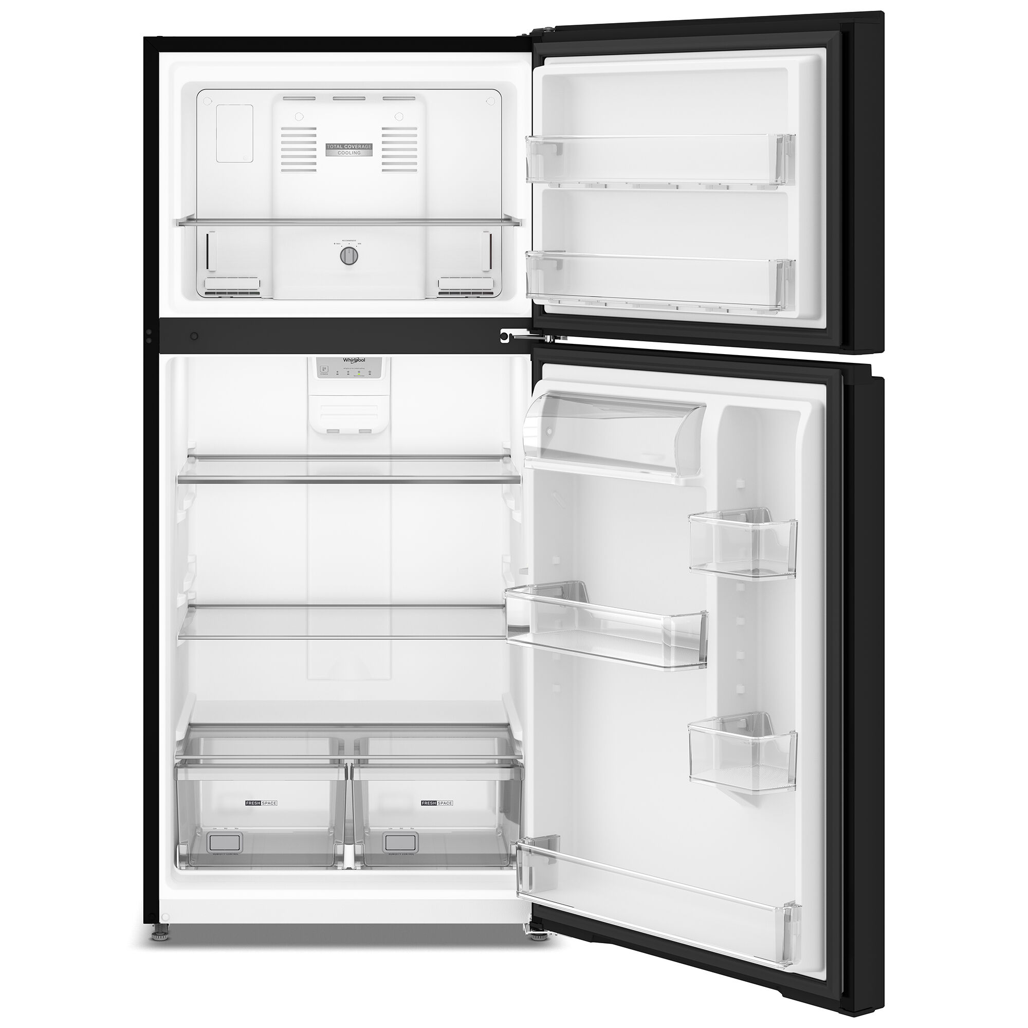 Interior view of the Whirlpool WRTX3319SB top freezer refrigerator showing adjustable glass shelves and crisper drawer.
