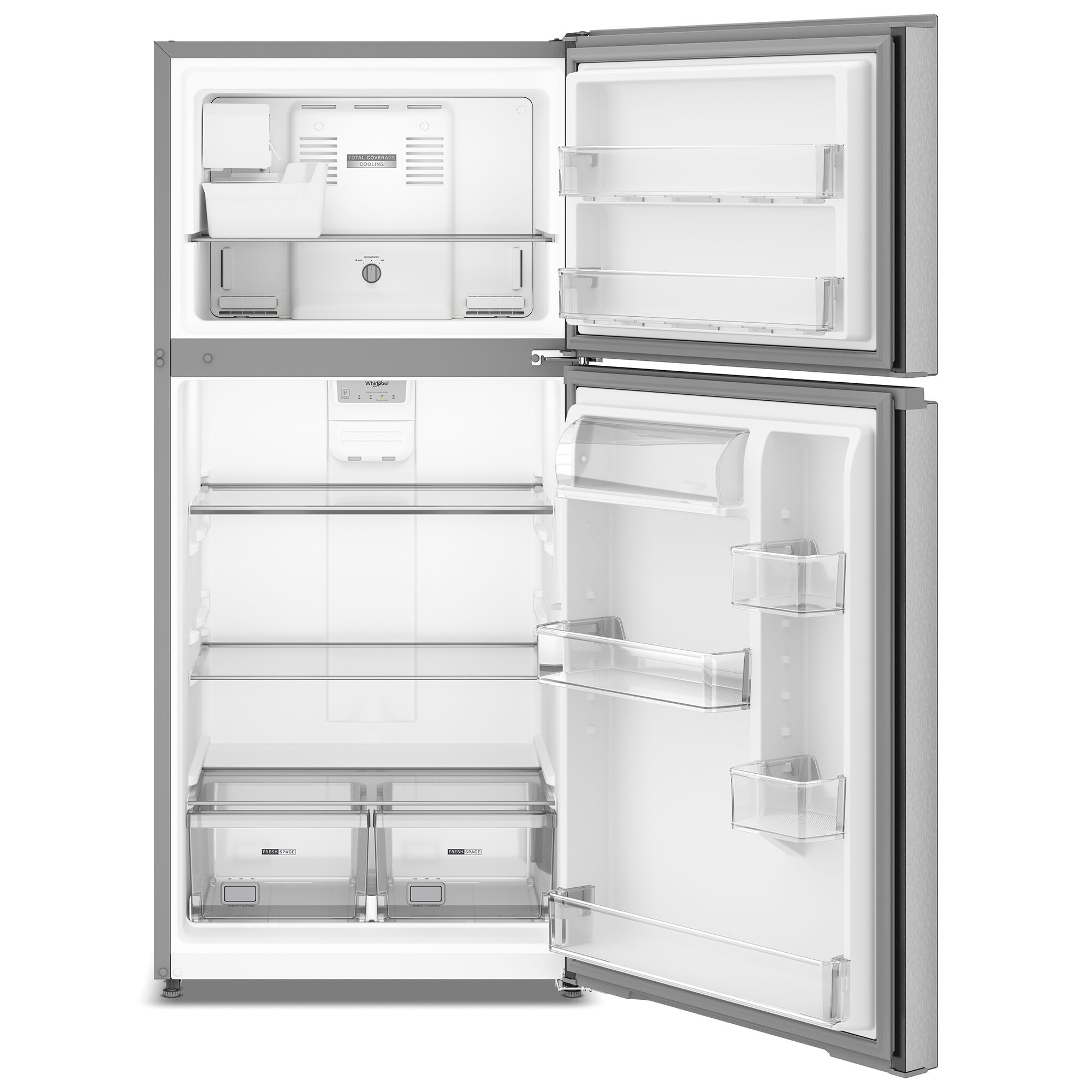 Whirlpool WRTX5519SZ 30-inch top freezer refrigerator in fingerprint resistant stainless finish, shown on white background.