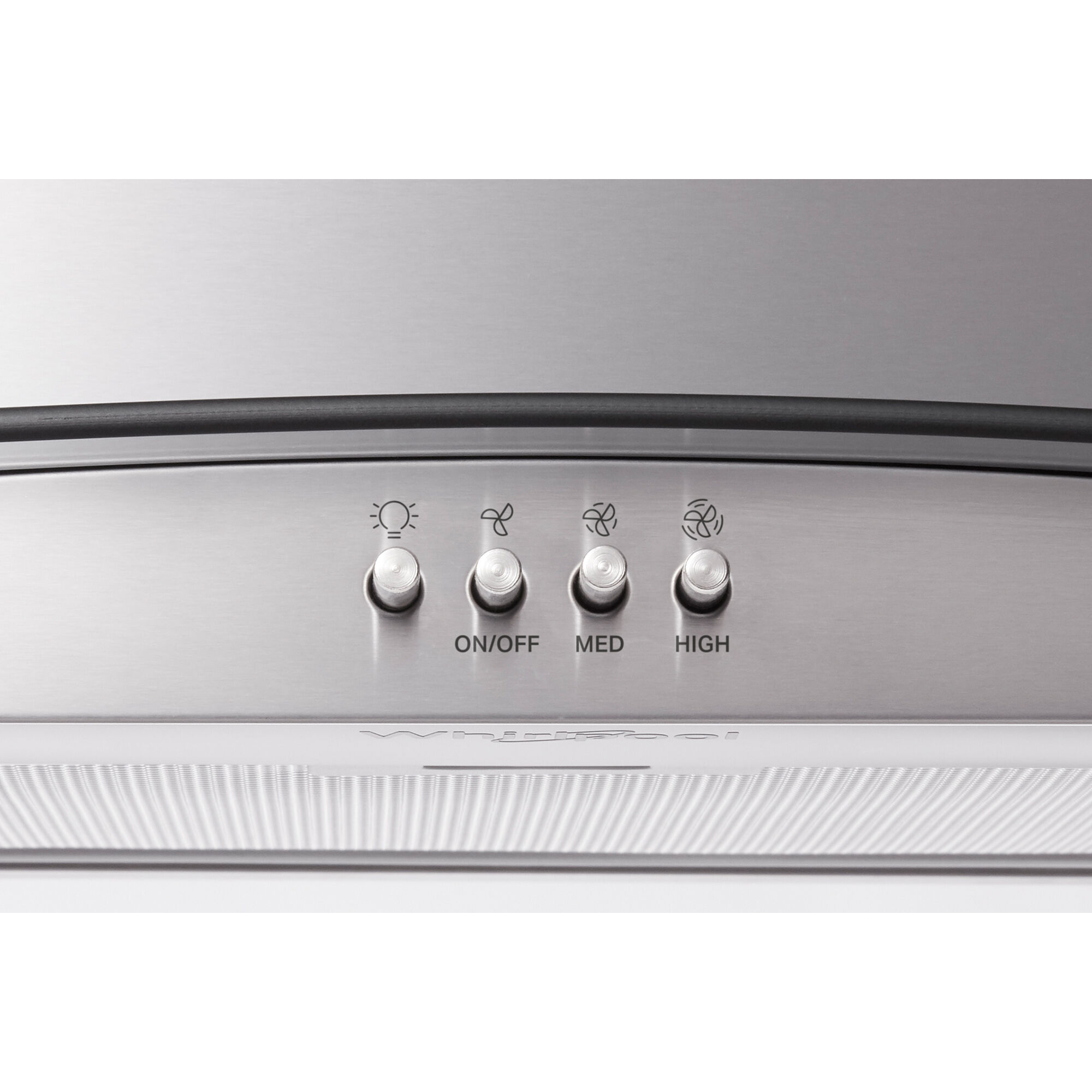 Close-up of the Whirlpool WVW51UC0LS stainless steel range hood showing fan speed control panel.