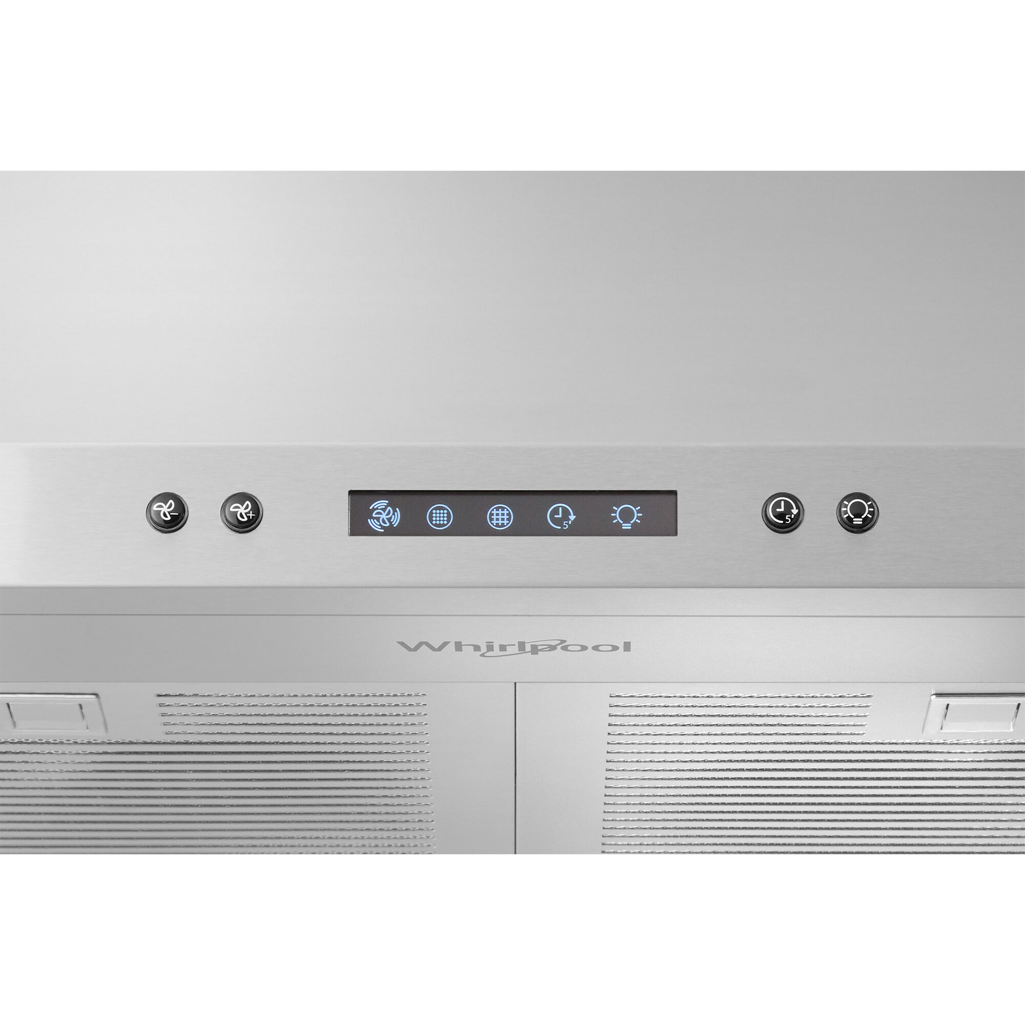 Close-up of Whirlpool range hood controls showing three fan speed settings.
