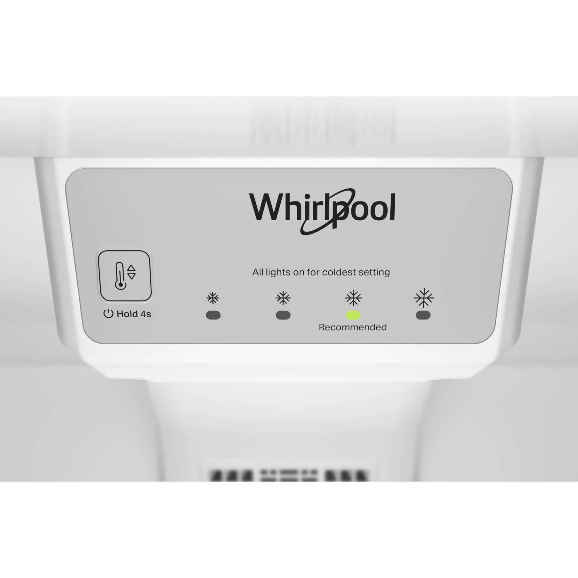 Whirlpool WRTX3319SZ refrigerator interior temperature control panel with four snowflake settings; the recommended setting indicator is lit green.