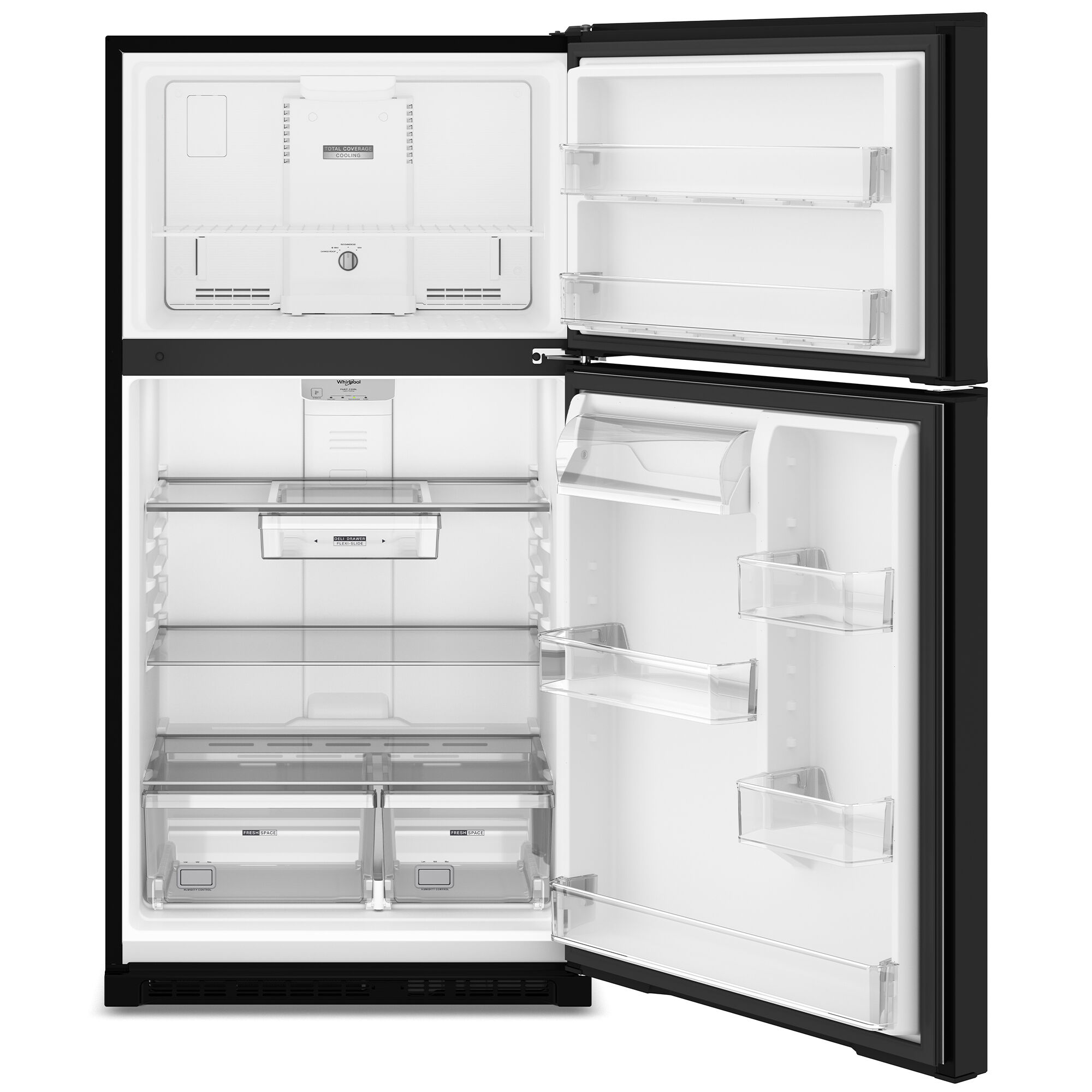 Interior view of the Whirlpool WRTX7421TB refrigerator showing adjustable glass shelves and door bins stocked with food and beverages.