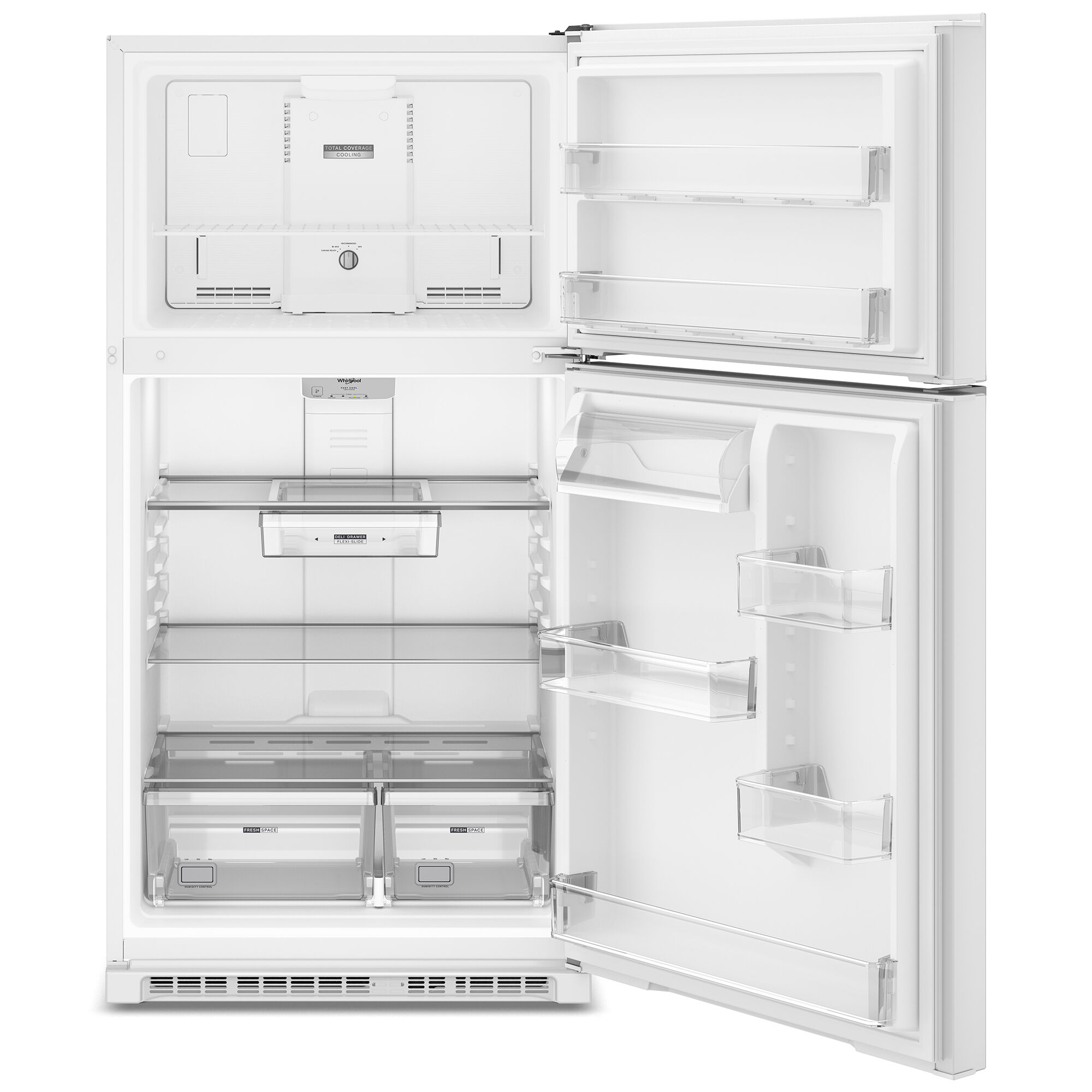 Interior view of the Whirlpool WRTX7421TW refrigerator showing adjustable glass shelves and door bins stocked with food and beverages.