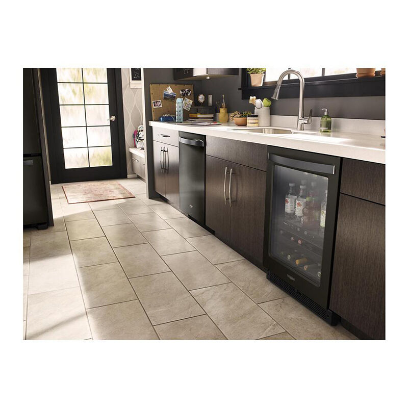 Whirlpool WUB50X24HV beverage center installed flush with kitchen cabinetry in a modern kitchen setting.
