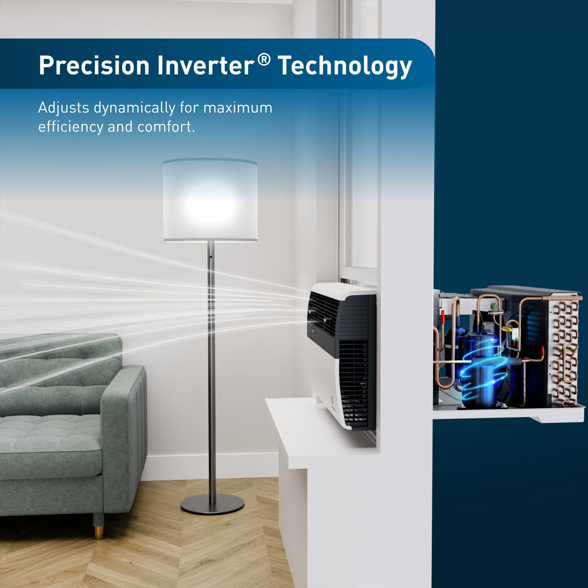Friedrich window air conditioner installed in a living room demonstrating Precision Inverter Technology, with airflow lines radiating into the room toward a floor lamp and sofa. An inset image shows the internal compressor components of the unit highlighted in blue.
